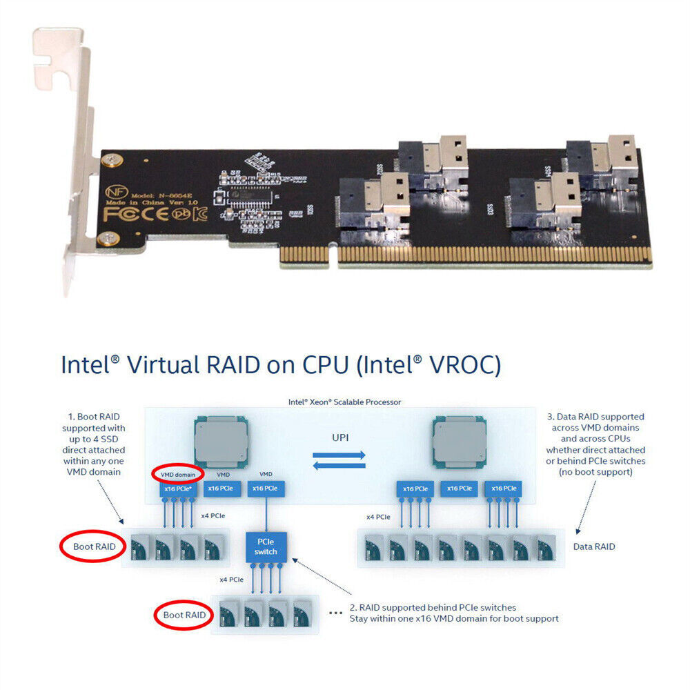 NFHK Raid Card VROC Adapter Four Slimline SFF-8654 4X 4 NVME to PCIE Express 4.0