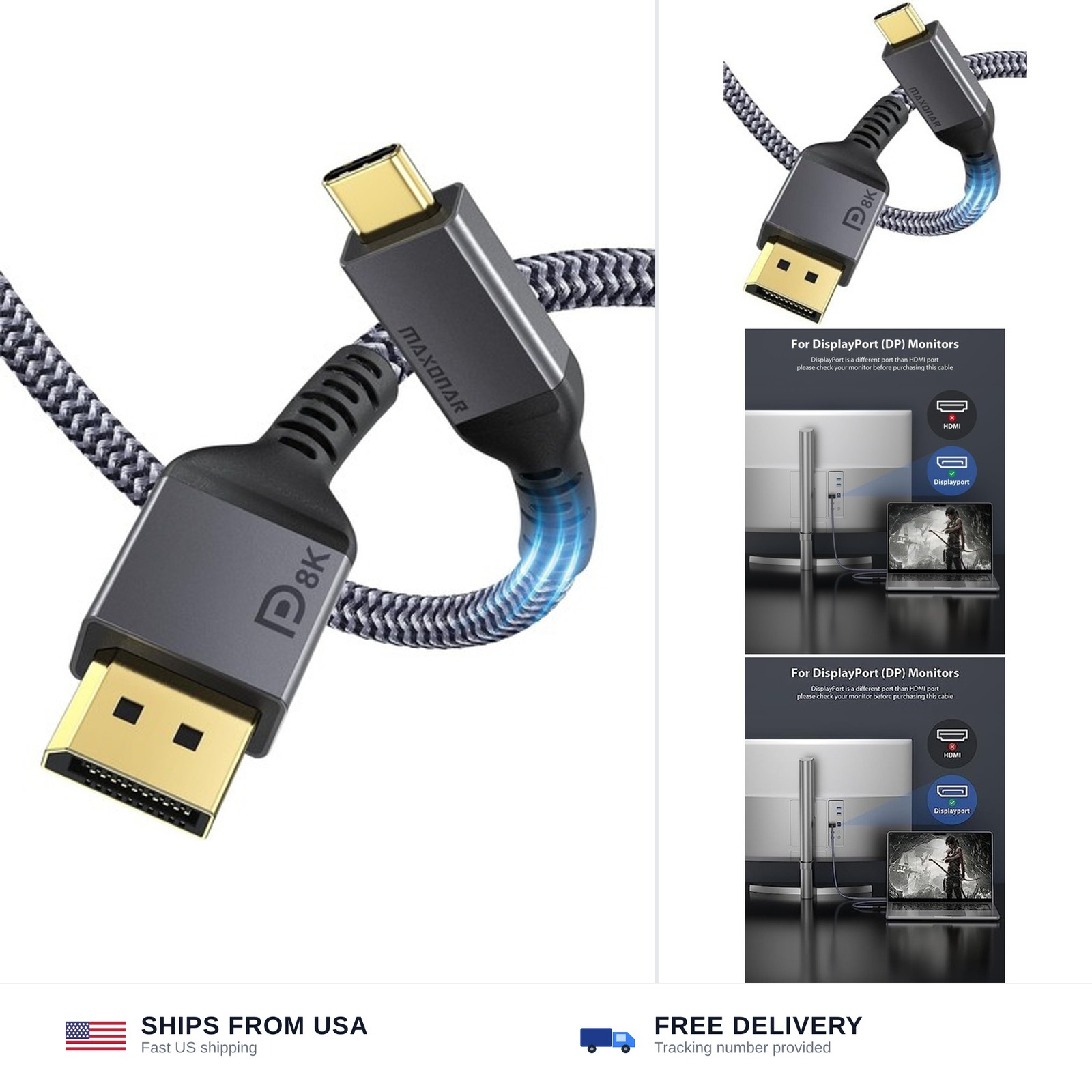 Maxonar VESA Certified USB C to DisplayPort 1.4 Cable (8K@60Hz/4K@144Hz)
