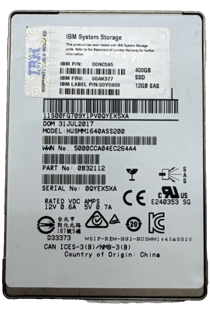IBM 400GB SAS 12Gb/s 2.5" SFF Enterprise Performance SSD 00AK371 00Y5951 00WY980