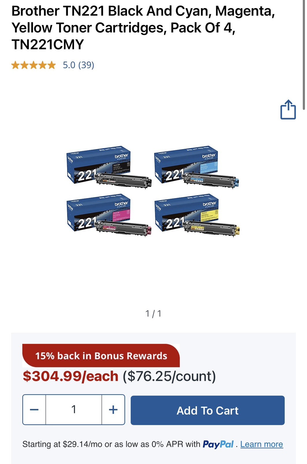 Brother TN221 Black, Cyan, Magenta, Yellow Toner Cartridges, Pack Of 4, TN221CMY