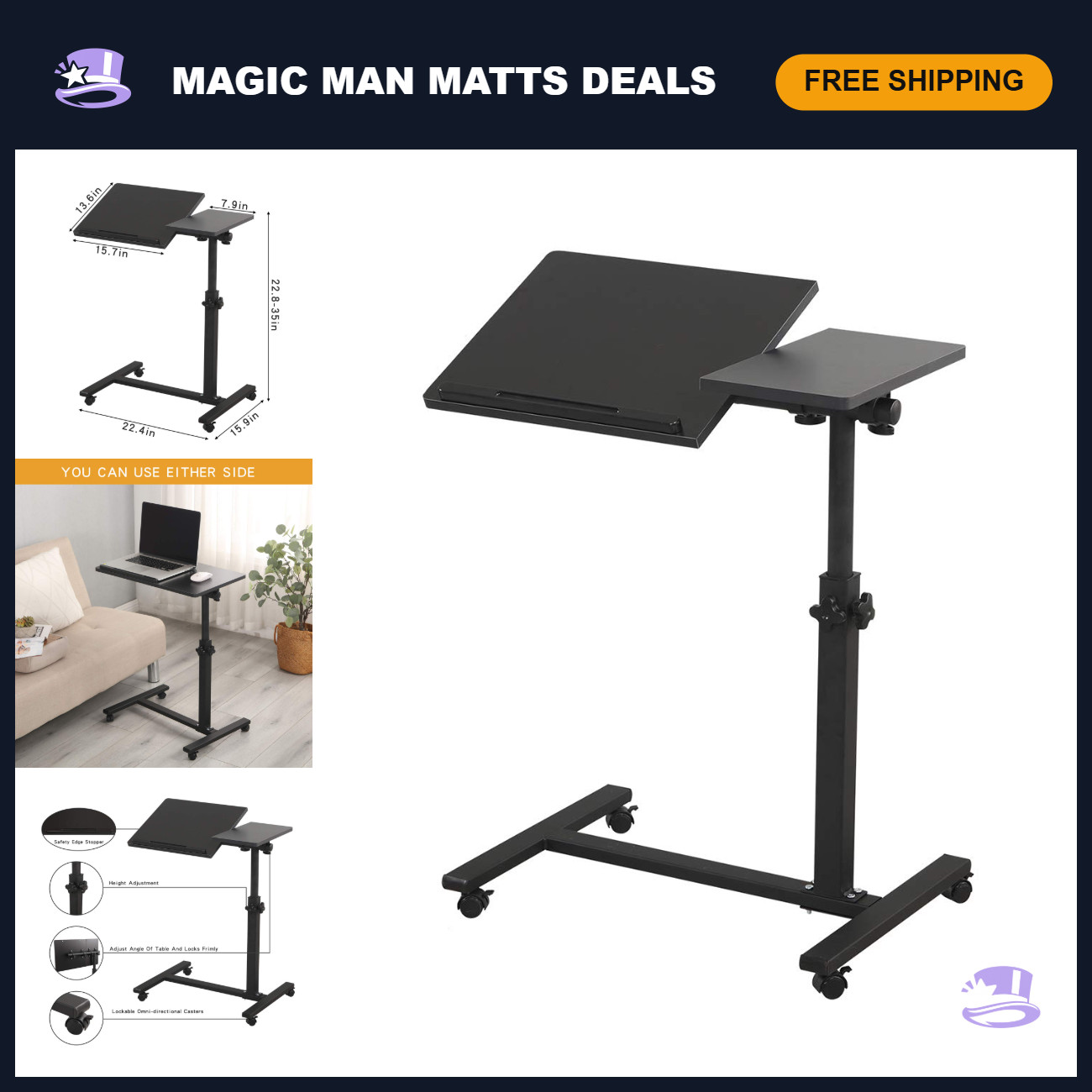 Mobile Rolling Laptop Stand - Adjustable Overbed Table with Wheels, Tilting Tray