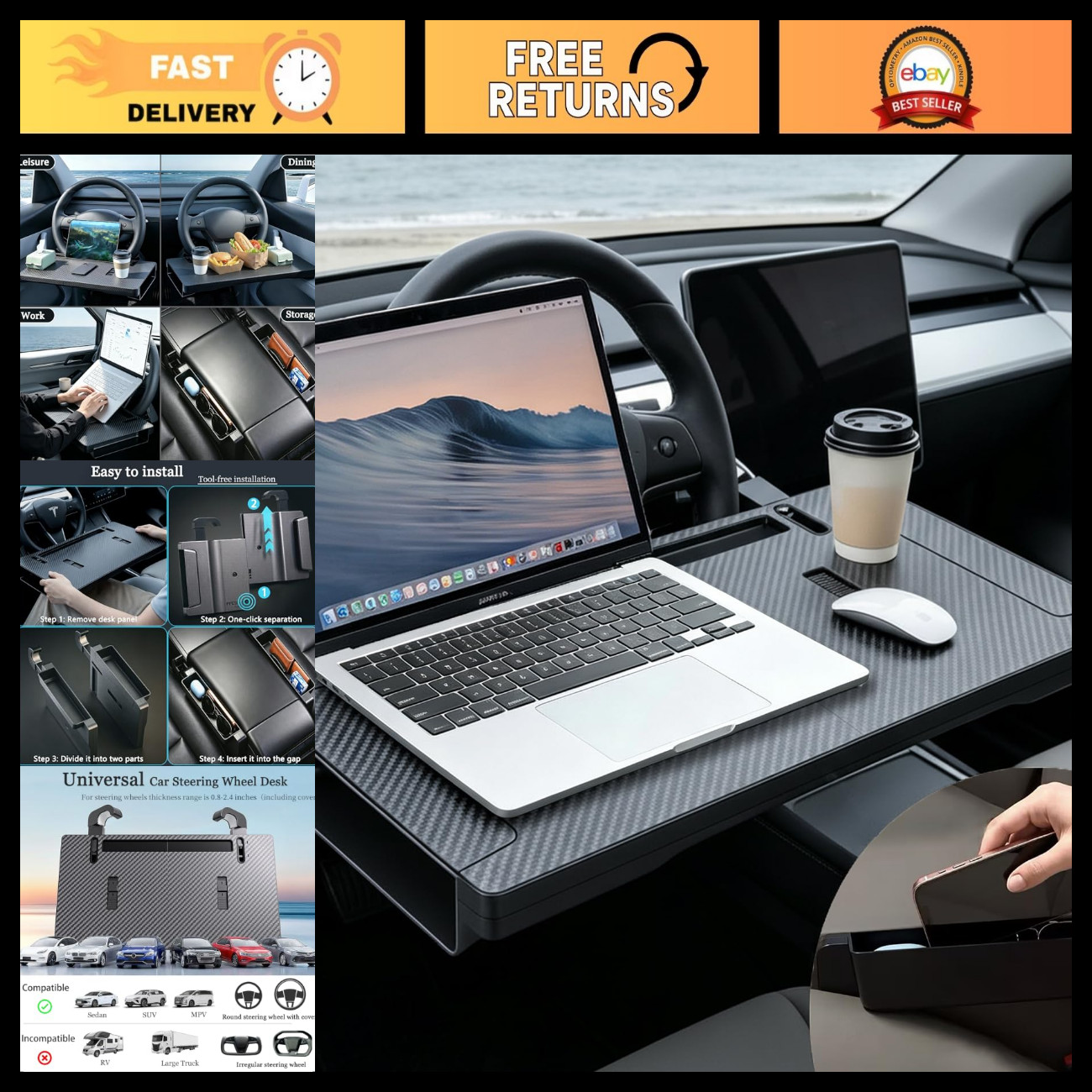 2-in-1 Car Steering Wheel Tray & Seat Gap Organizer - Foldable Adjustable Table