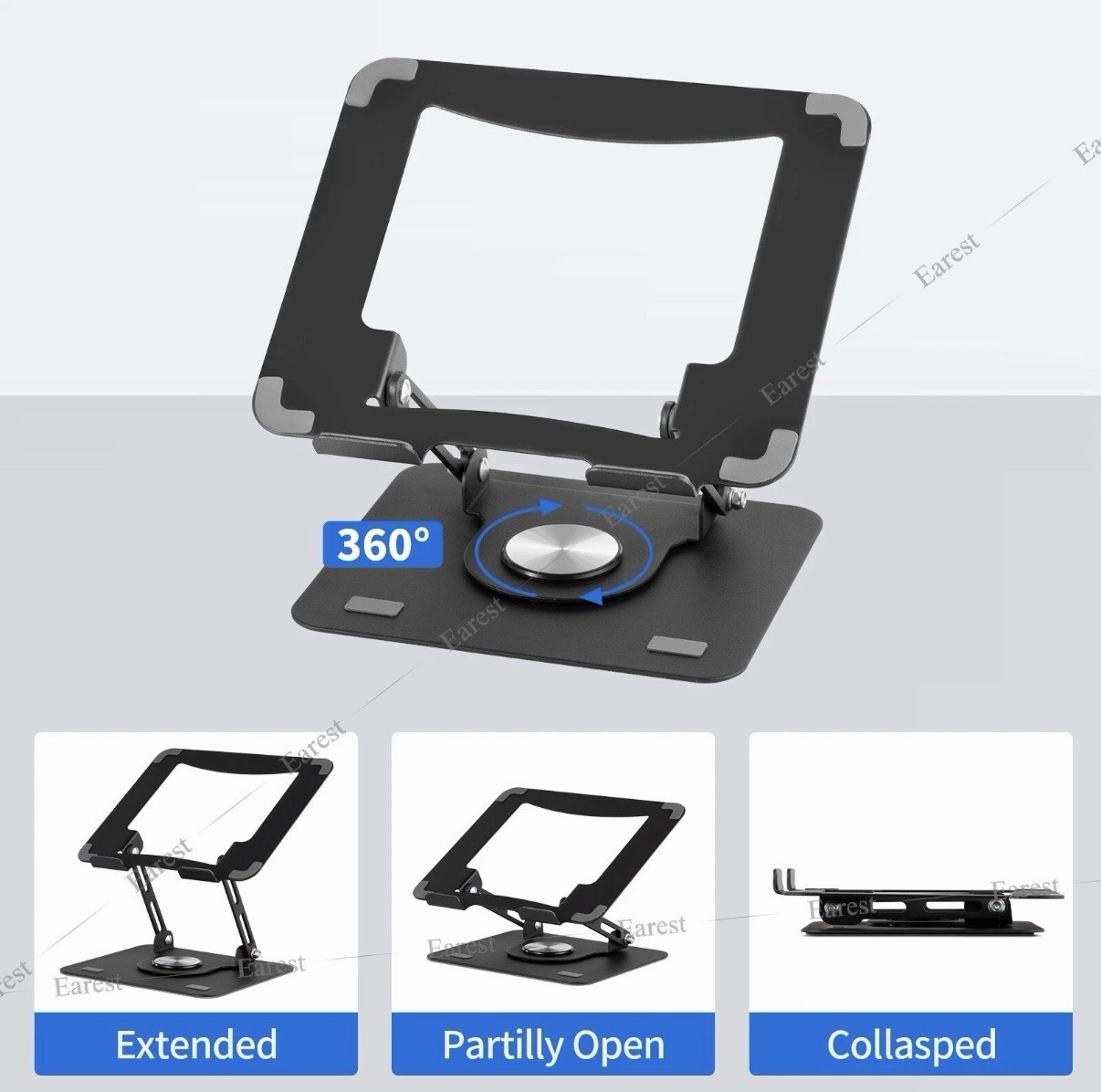 PrimeConnect Metal Laptop Stand Black Adjustable Angle Foldable Rotating Base