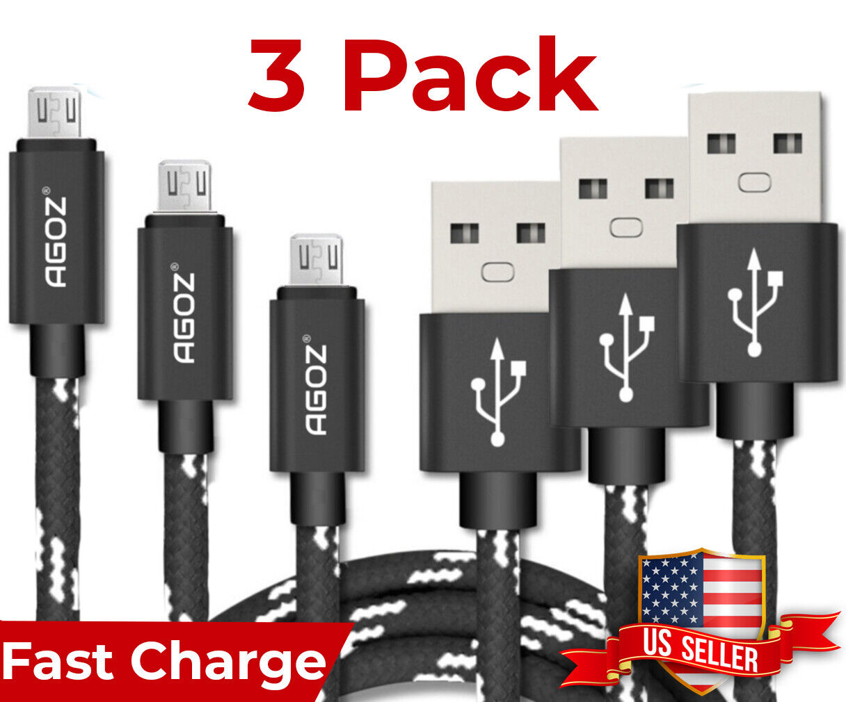 3 Pack Braided Heavy Duty Micro USB FAST Charger Data Sync Cable Cord for Tablet