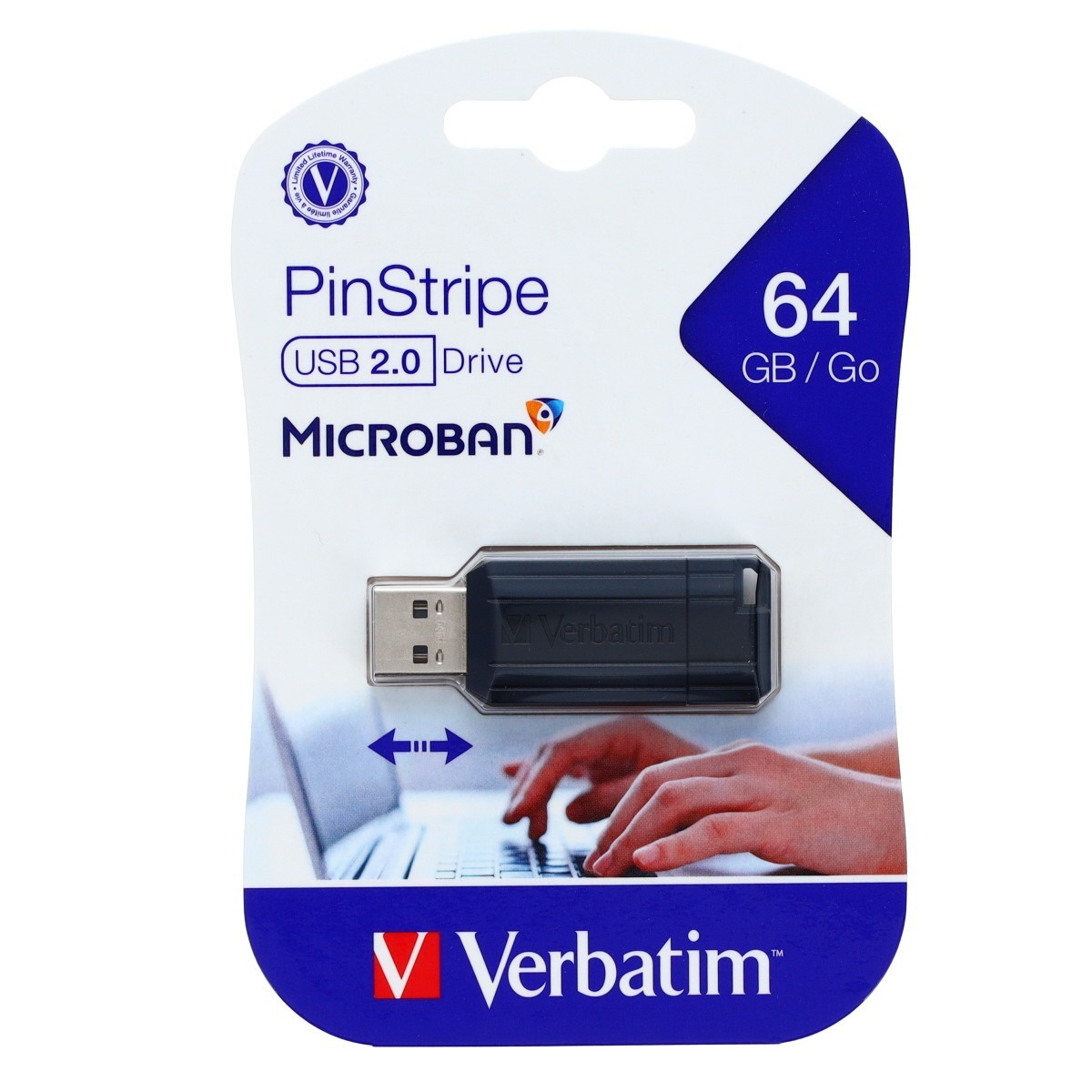 Verbatim 64GB USB 2.0 Flash Drive PinStripe - Black - Model 49065 - New Sealed
