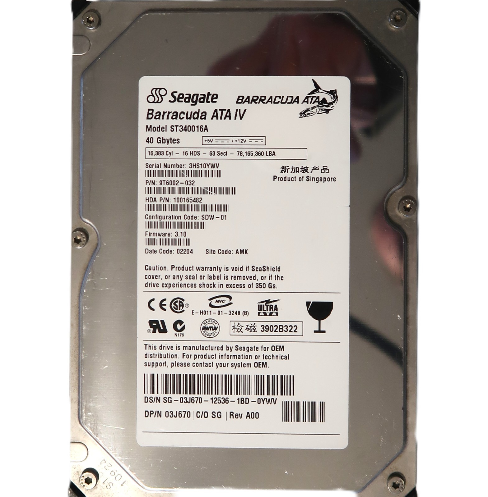 Seagate ST340016A 9T6002-032 3.10 (3HS) AMK Singapore 3.5" 40gb IDE/ATA NOV/2001