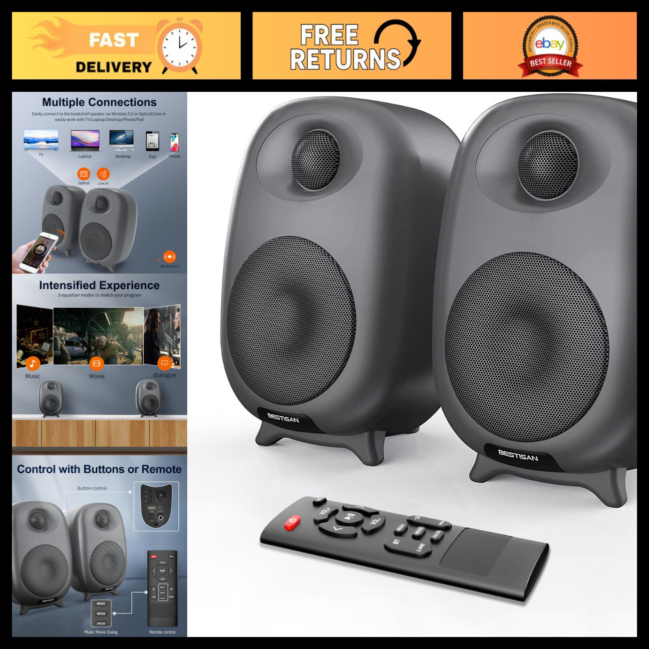 60W Powered Computer Speakers for Desktop PC, High-Quality Sound, USB & AUX Inpu