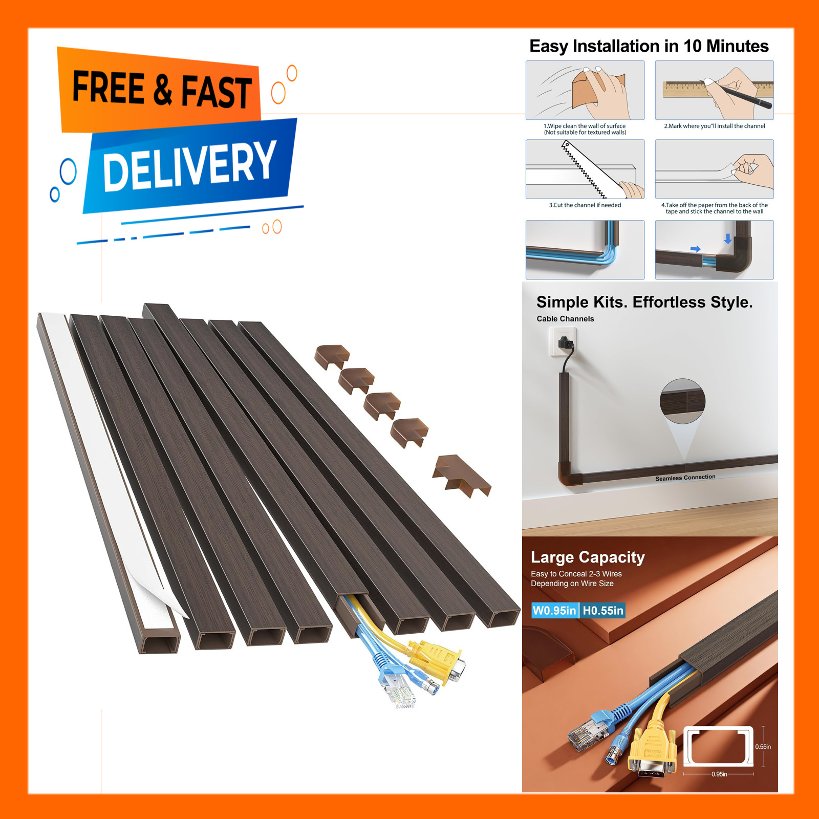 Cord Covers for Wires Wall Mount Kit 113 Inch Darkwood Cable Management Solution