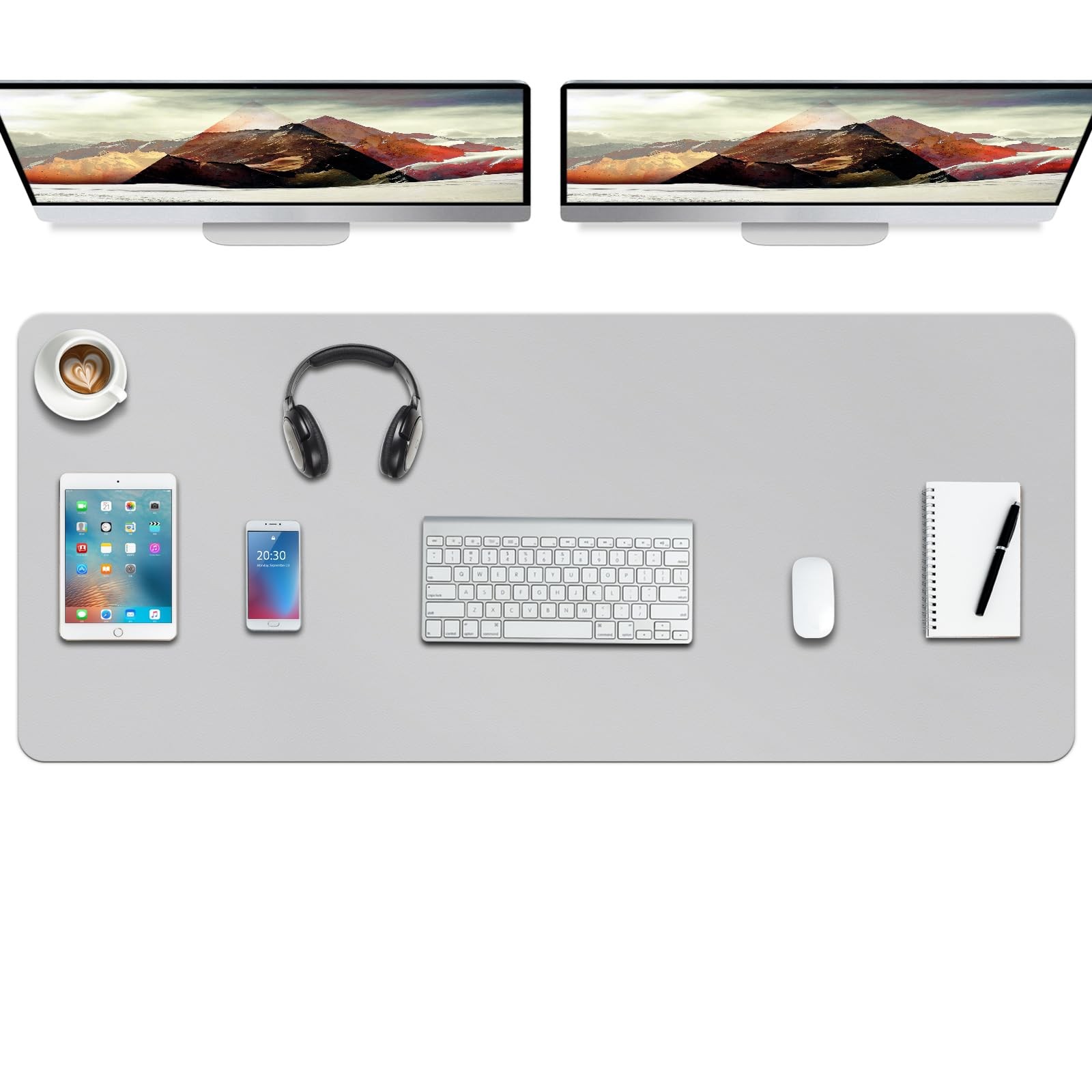 Grey Leather Desk Pad Protector NonSlip Waterproof Mouse Mat 47x24 Inch