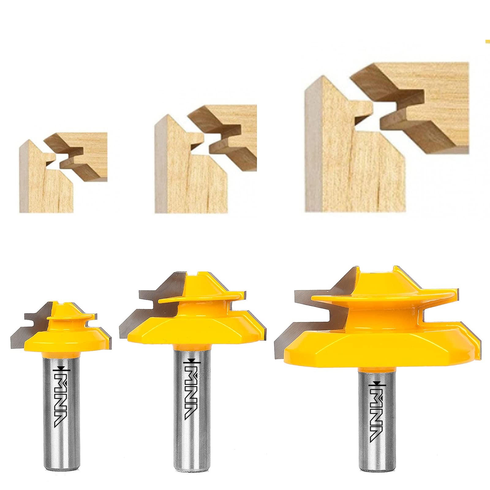MNA 45 Degree Lock Miter Router Bit 3-Piece Set 1/2 3/4 1 Inch Cutting Height Sh
