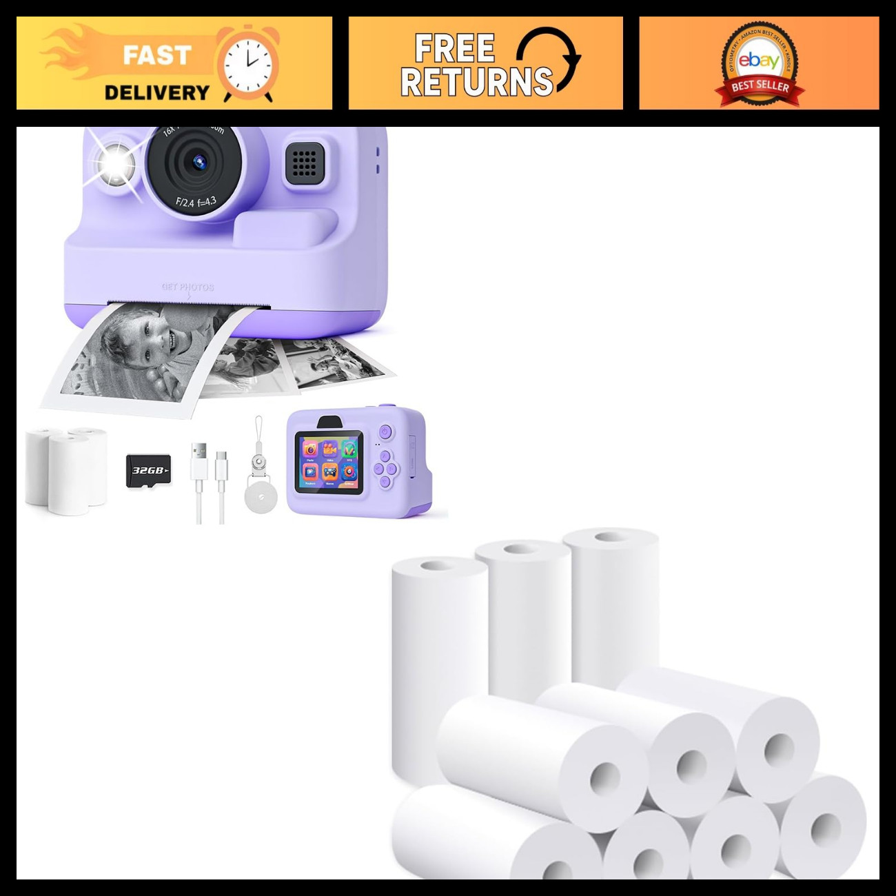 Instant Print Camera Bundle with 10 Rolls Refill Paper - Portable Photo Printer