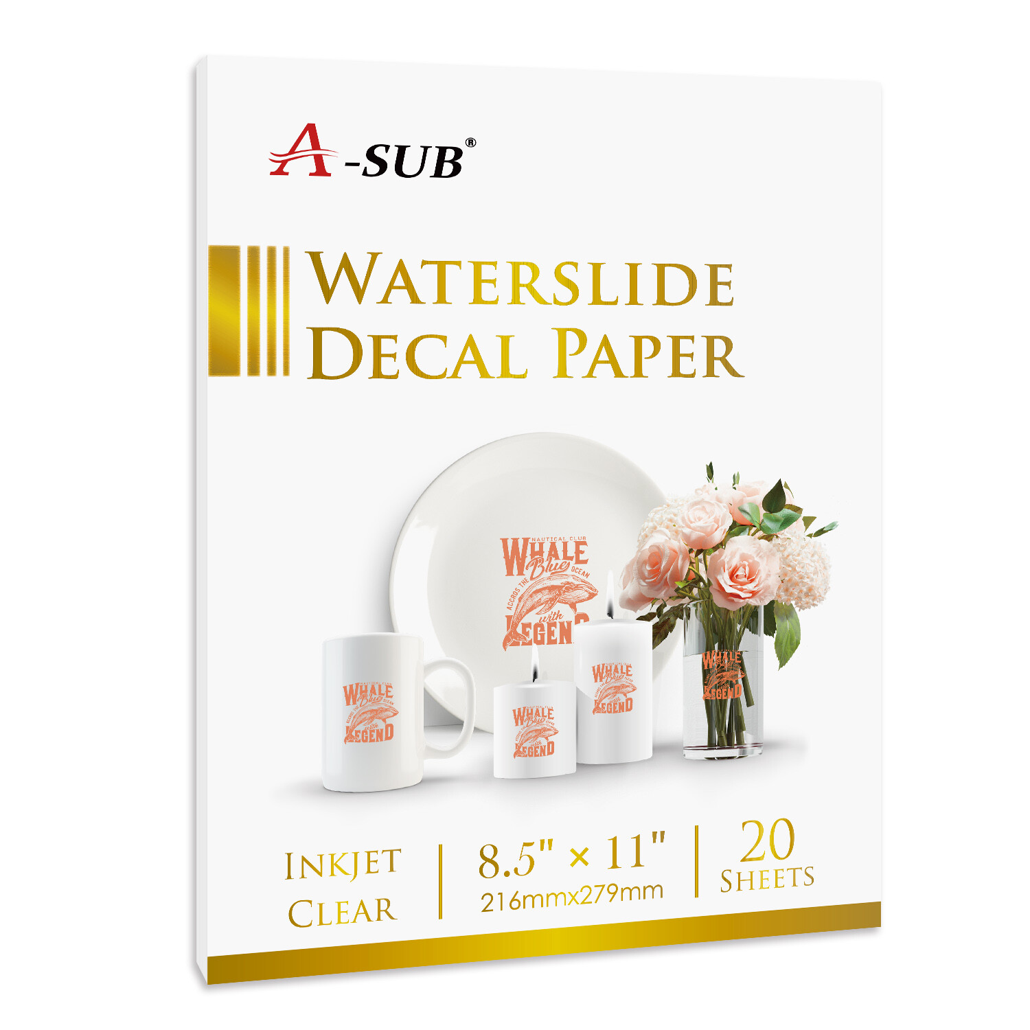 A-SUB Waterslide Decal Paper Inkjet Clear 8.5x11  Water Slide Transfer 20 Sheets