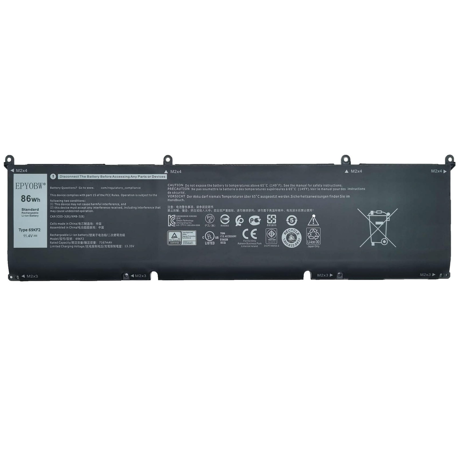 EPYOBW 69KF2 Laptop Battery 86Wh 7167mAh 11.4V 0P8P1P 0DVG8M 70N2F