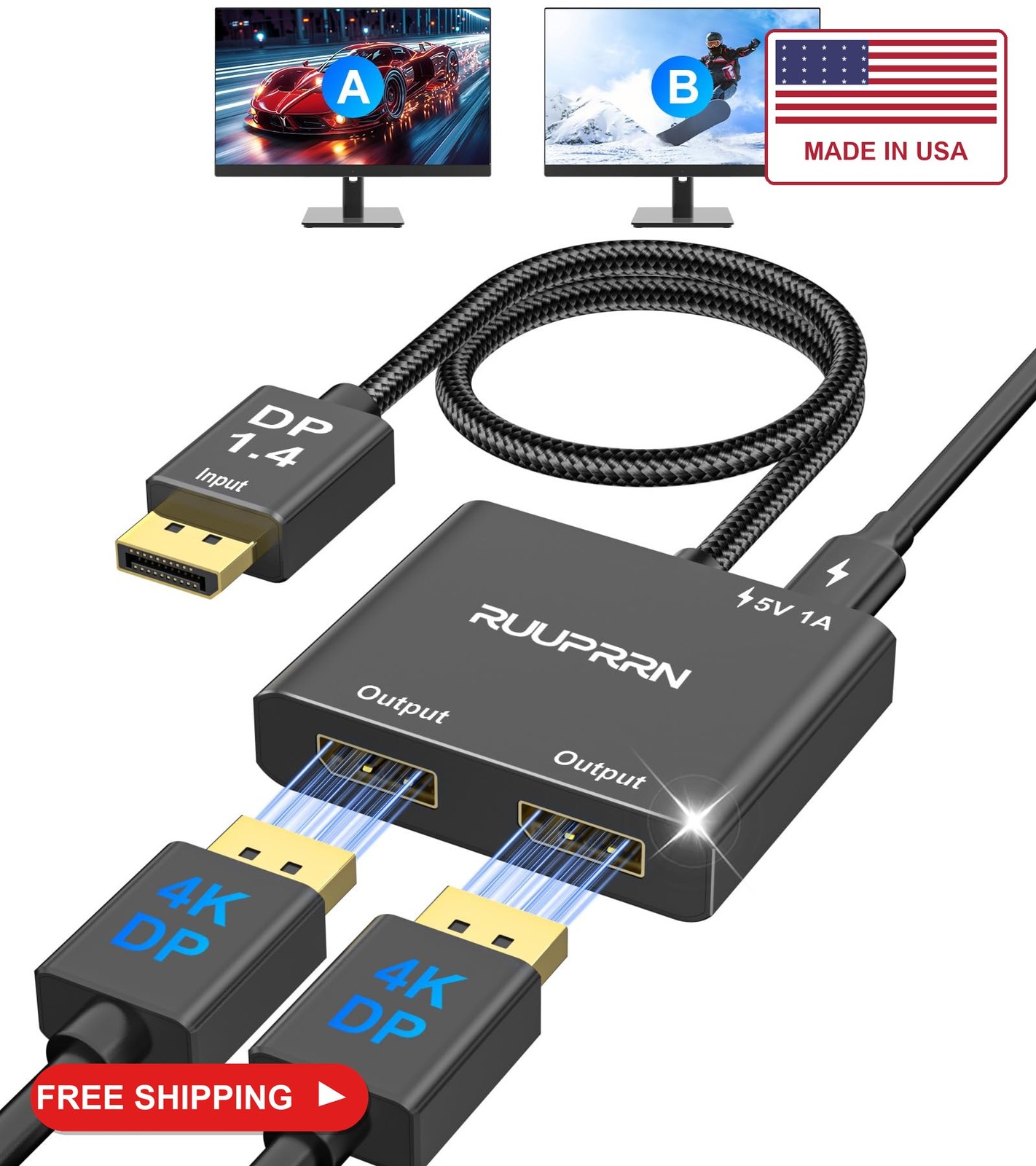 4K@60Hz DisplayPort to Dual DisplayPort Splitter for Dual Monitors Adapter