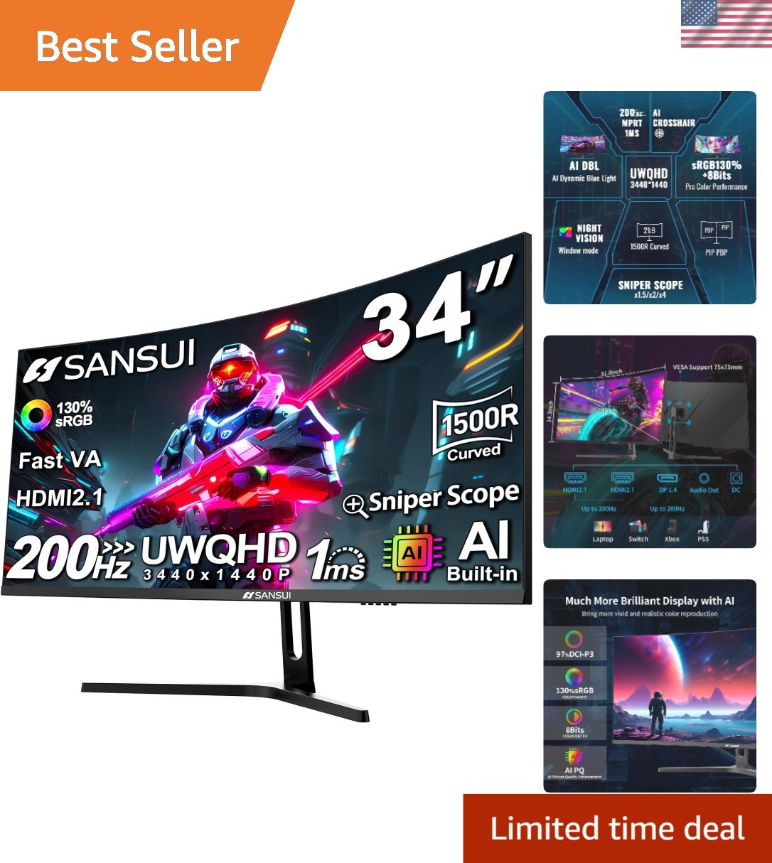 34-Inch Curved Gaming Monitor UWQHD 3440 x 1440P Up to 200Hz 165Hz Curved 150...