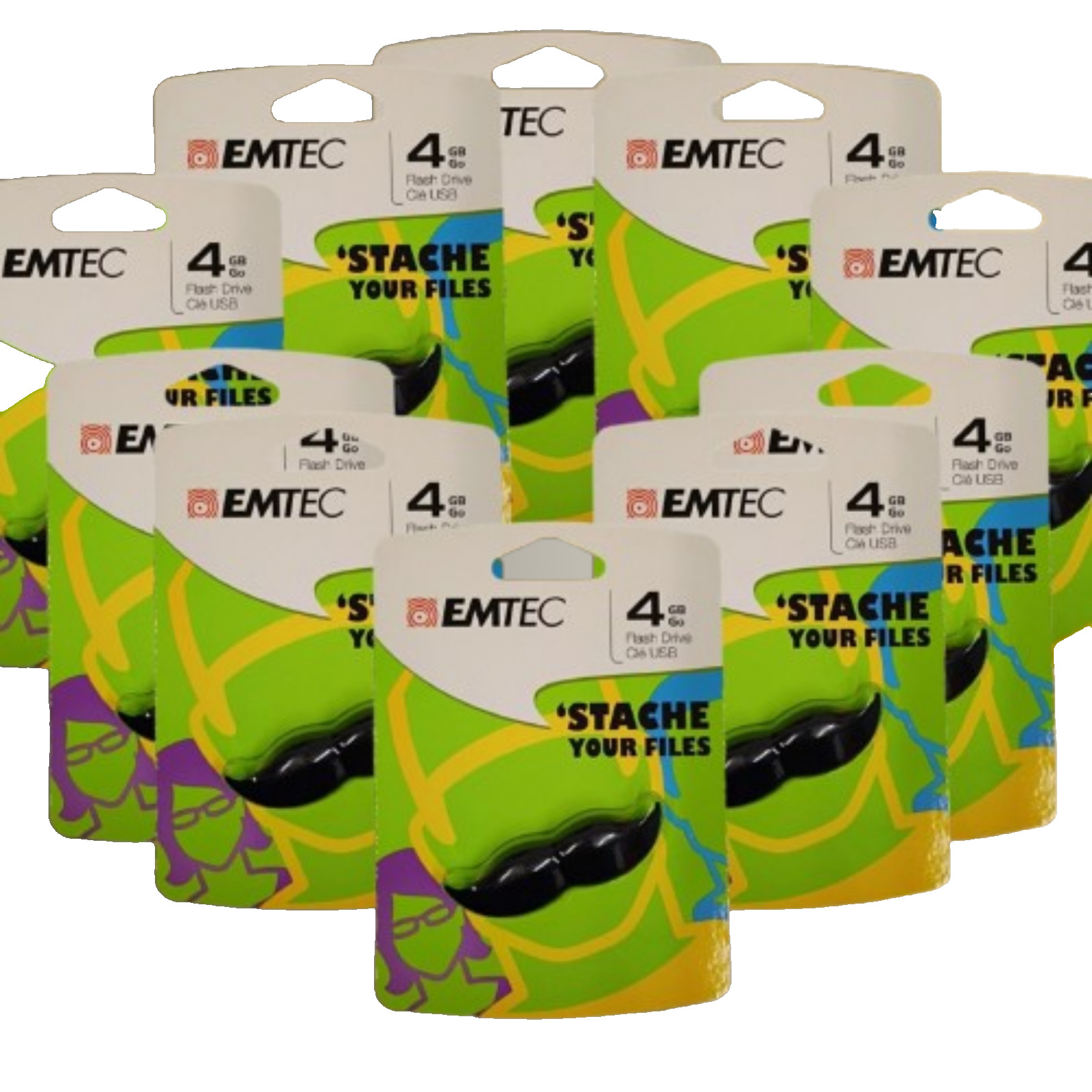 Emtech 4GB Mustache Novelty Flash Drive 'Stache Your Files (Bundle Of 10)