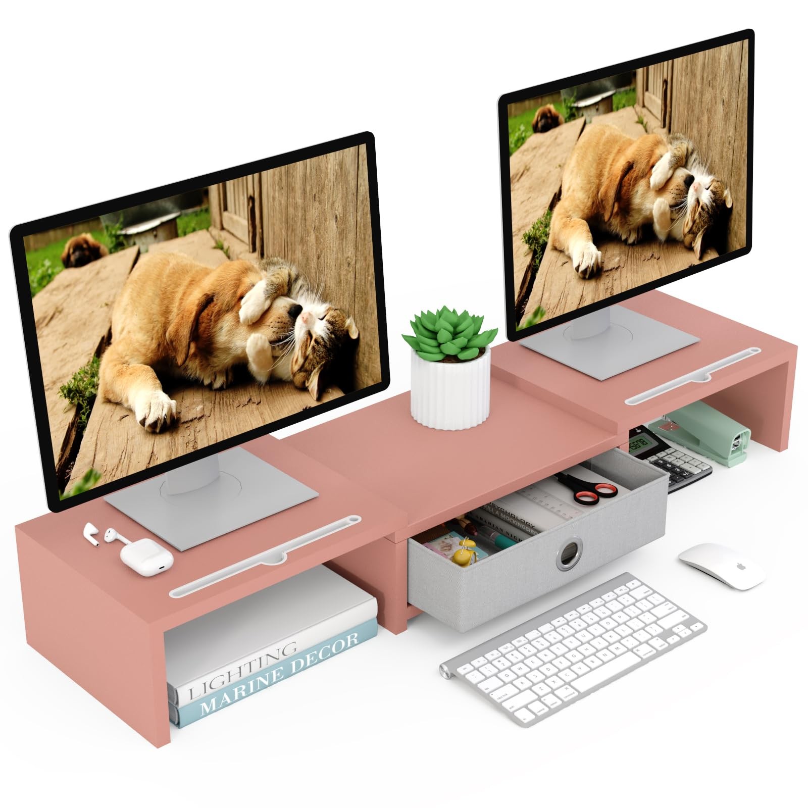 WESTREE Dual 3 Shelf Computer Riser with Drawer, Adjustable Length and Angle, De