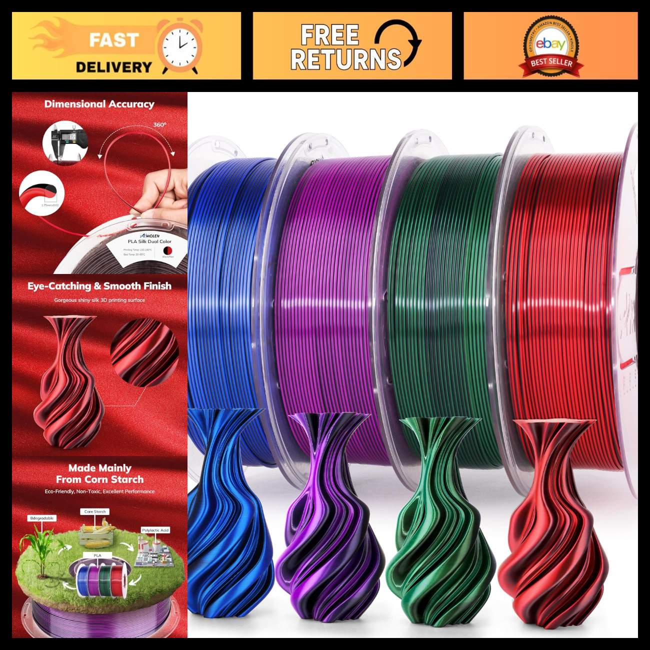 Dual Color Silk PLA 3D Printer Filament Bundle 1.75mm 4 Spools 1KG Each