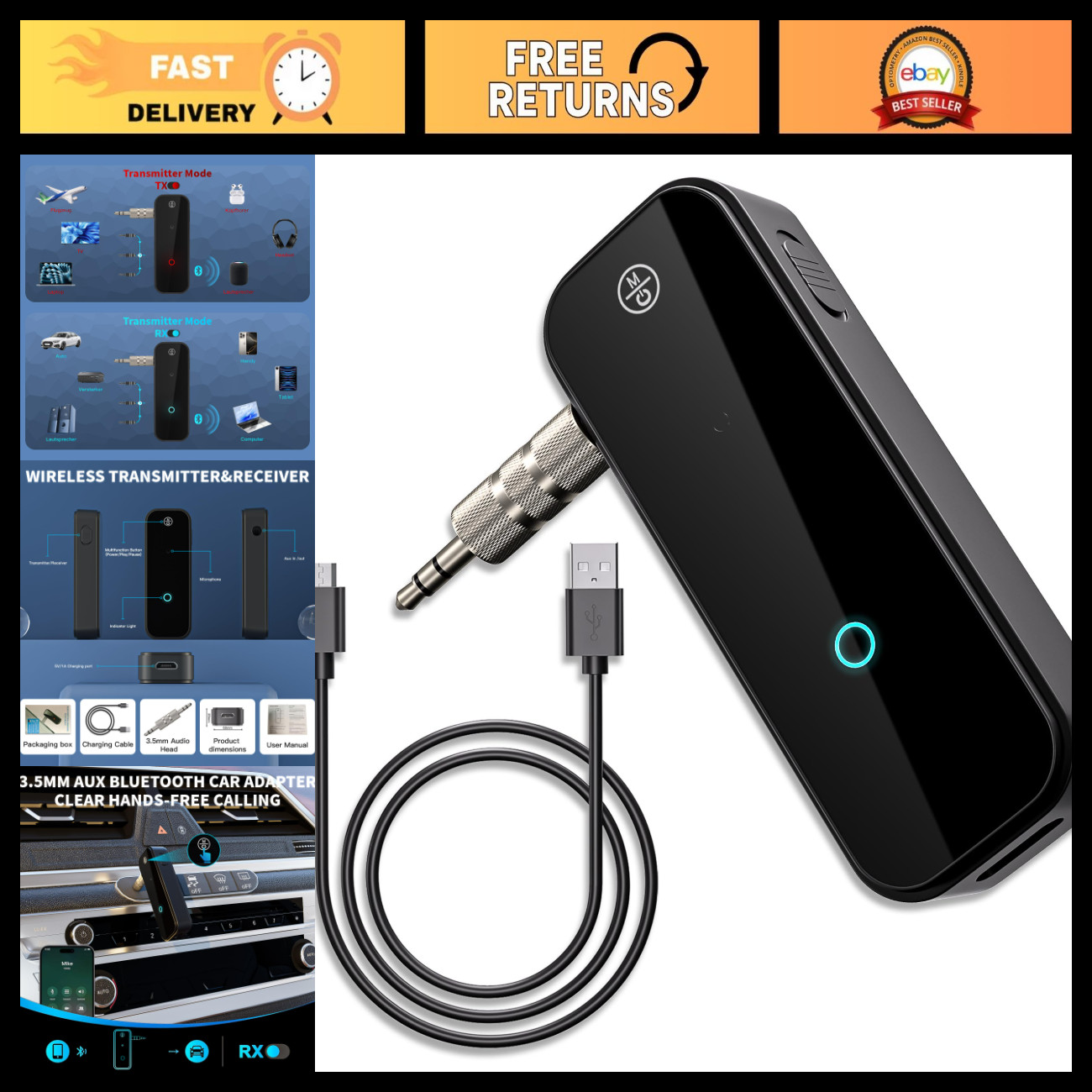 Portable Bluetooth 3.5mm Aux Adapter - 2-in-1 Wireless Receiver/Transmitter for