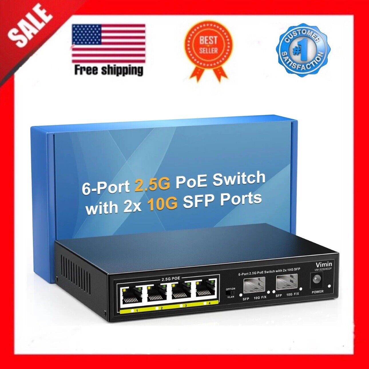 VIMIN 6-Port 2.5G Poe Switch Unmanaged, 4X 2.5Gbase-T Poe Ports, 2X 10Gbps SFP