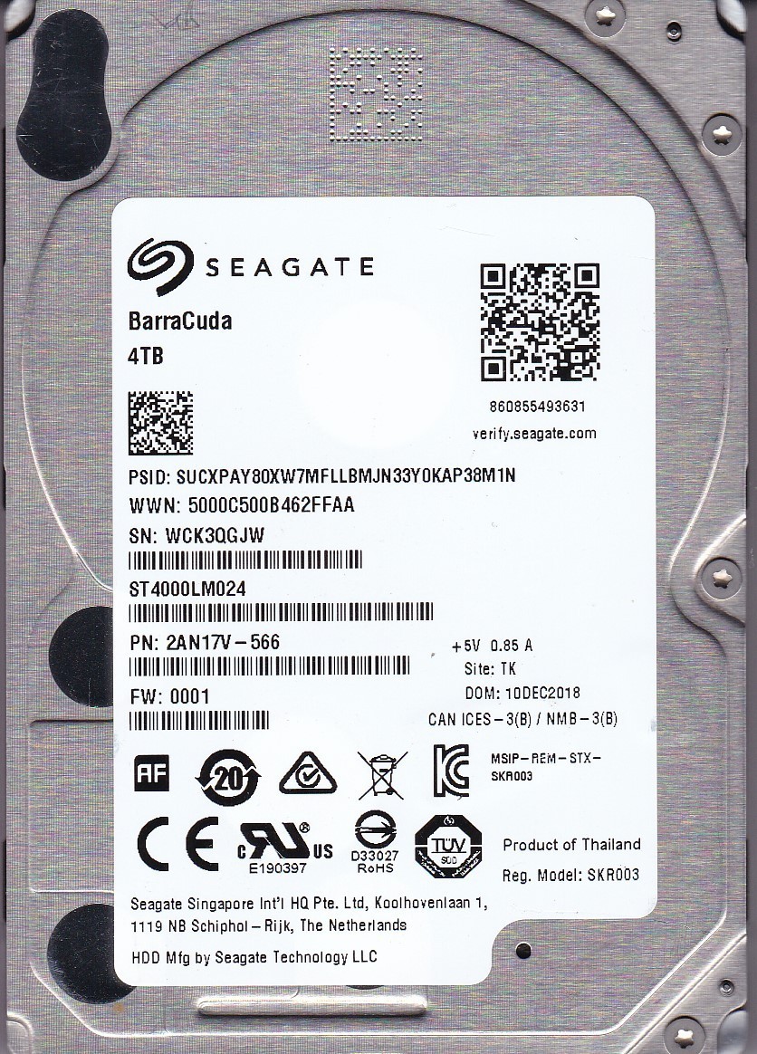 ST4000LM024 p/n: 2AN17V-566 s/n: WCK f/w: 0001 TK DEC 2018 4TB SATA 2.5" SEAGATE