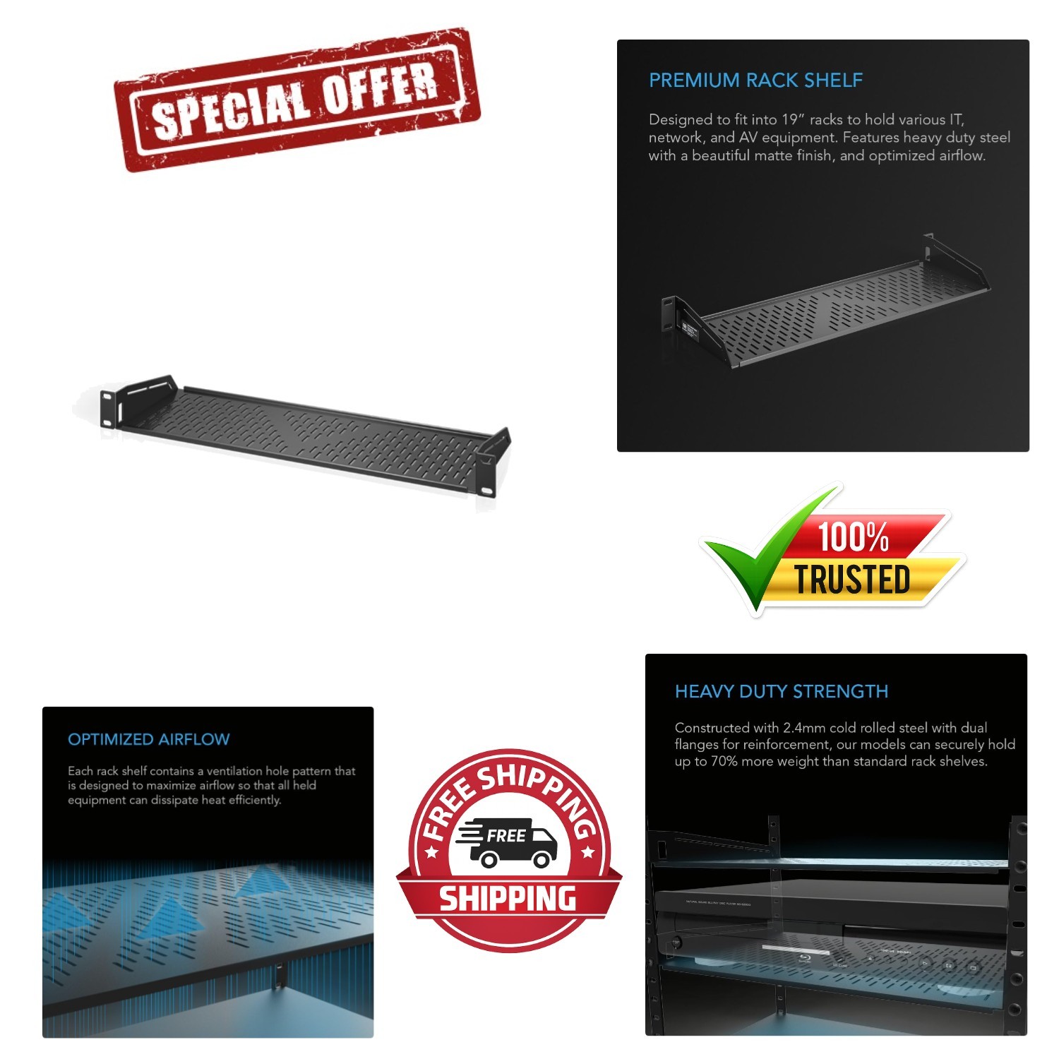 Sturdy Vented Cantilever Rack Shelf - 1U Size, Heavy Duty for Home Office