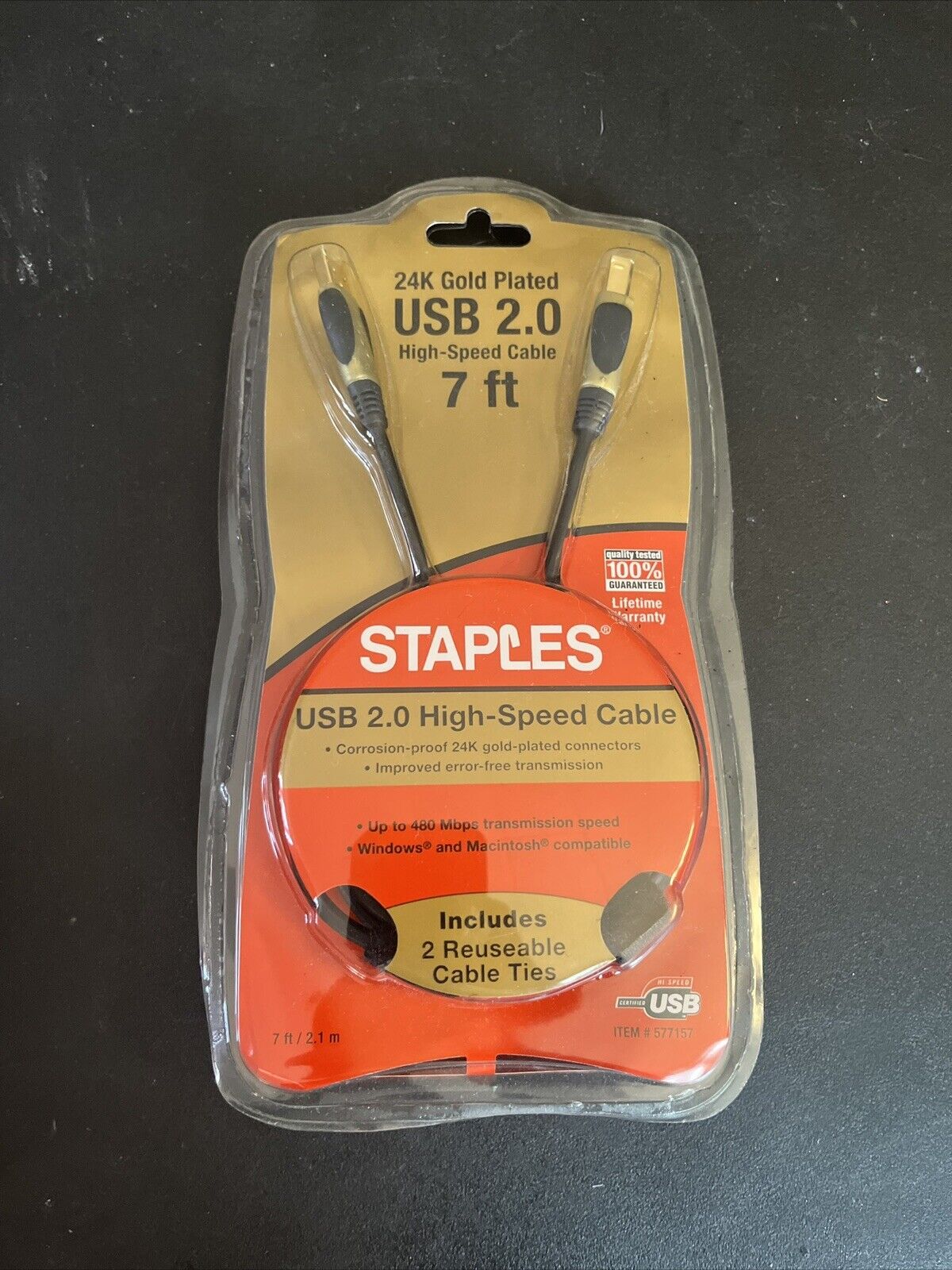 Staples 24K Gold Plated USB 2.0 high-Speed Cable 7ft Lifetime Warranty
