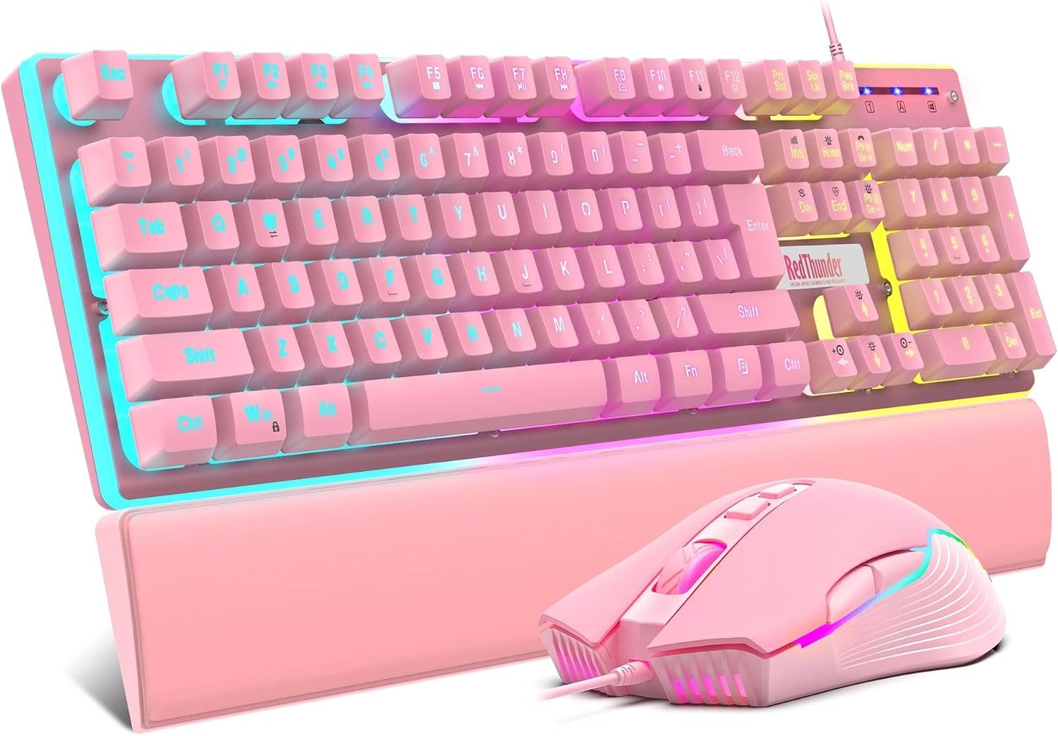 RedThunder K10 Pink Wired Gaming Keyboard & Mouse with Wrist Rest - New & Unused