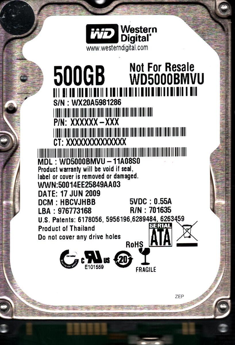 WD5000BMVU-11A08S0 S/N:WX20 DCM:HBCVJHBB WESTERN DIGITAL 500GB THAILAND JUN 2009