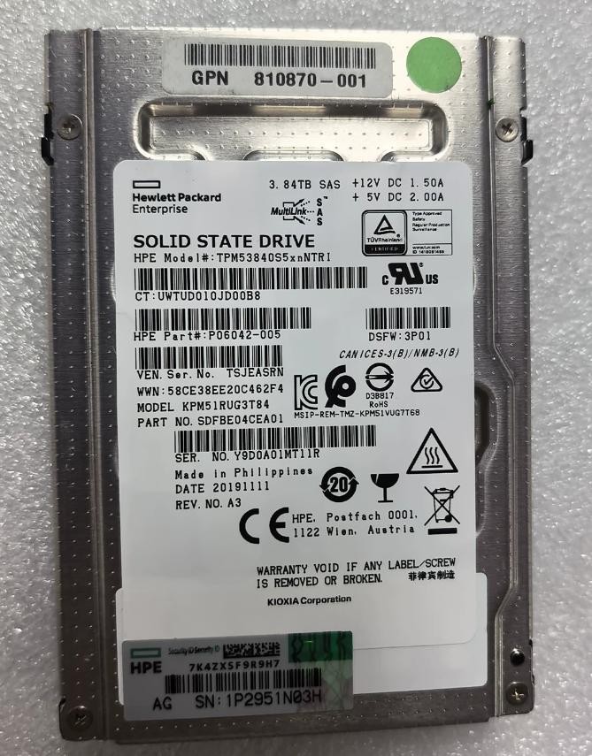KIOXIA PM5 3.84TB HPE SSD 2.5" SAS 12Gbps TPM53840S5xnNTRI 90%+ Health