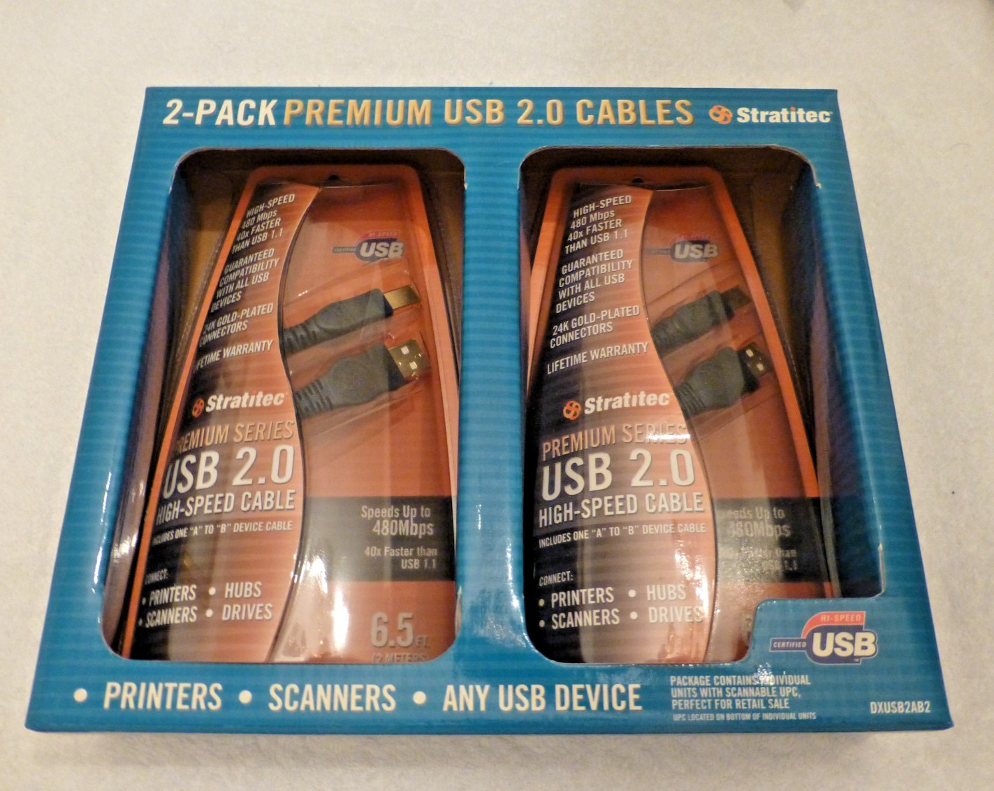 Stratitec 2 Pack Premium USB 2.0 24K Gold-Plated Connectors High Speed Cables