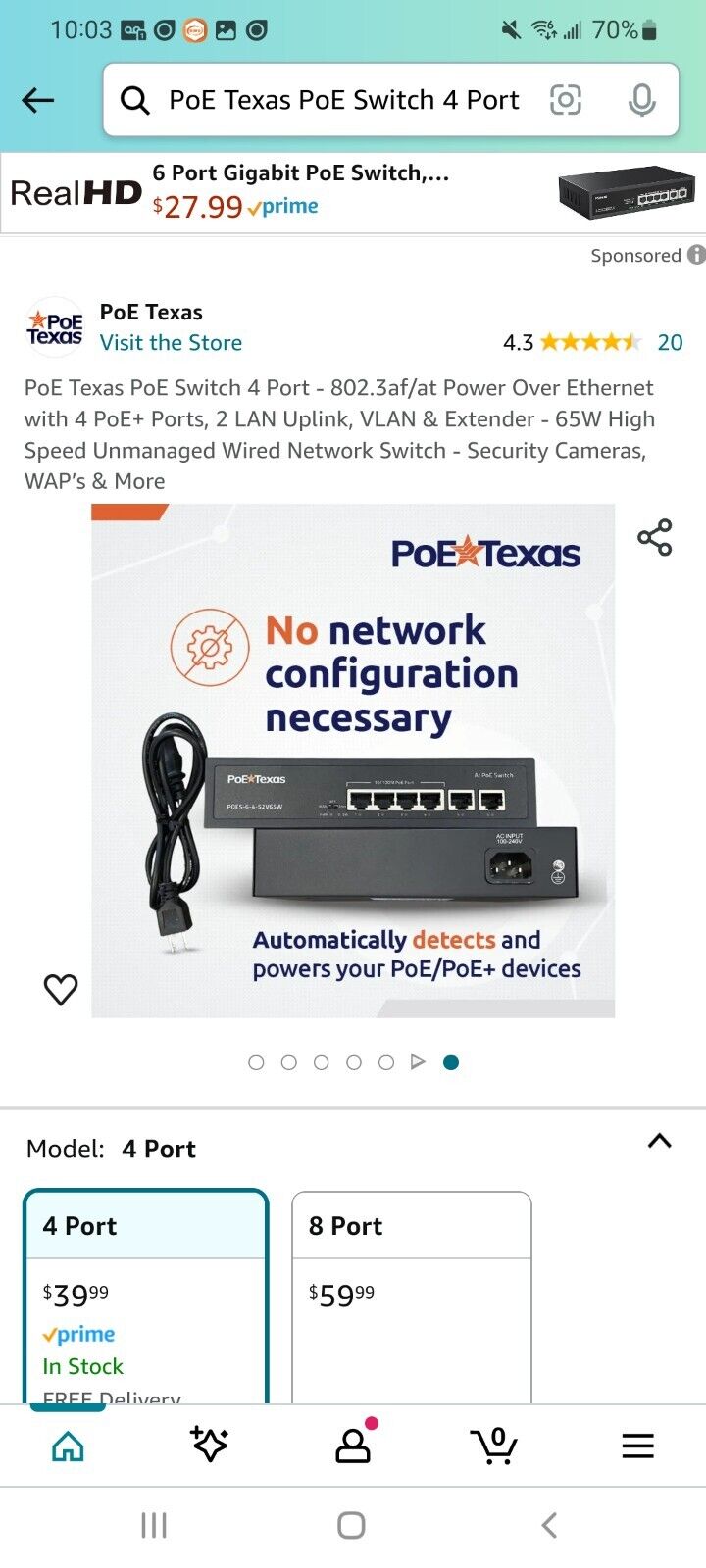 PoE Texas PoE Switch 4 Port - 802.3af/at Power Over Ethernet with 4 PoE+ Ports,