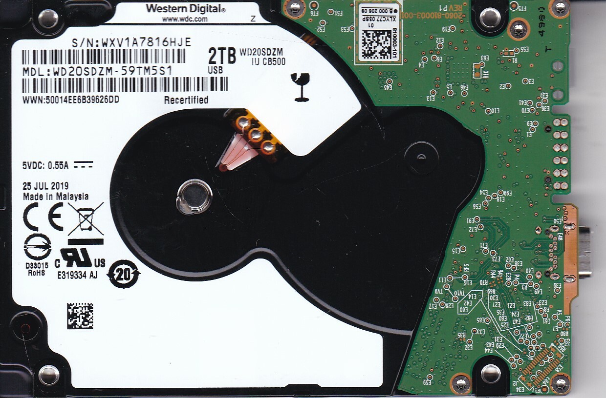  WD20SDZM-59TM5S1 s/n: WXV1A Malaysia JUL 2019 2TB 2.5" USB-C WESTERN DIGITAL