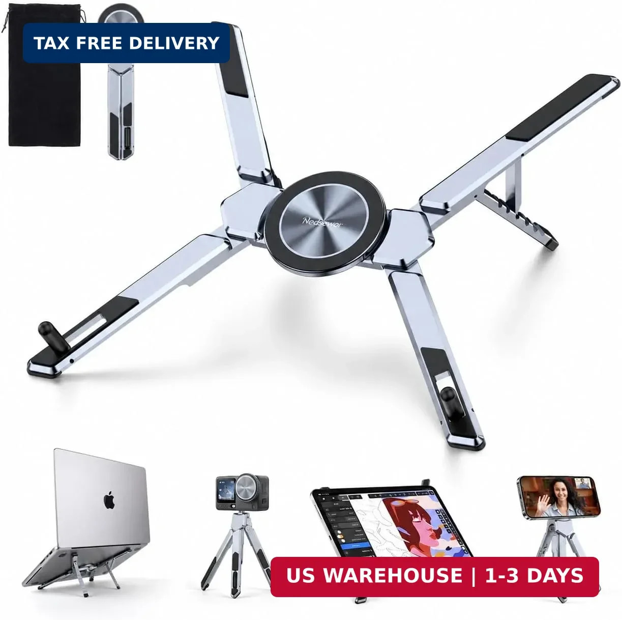 4-in-1 Adjustable Laptop Stand for desk with Magnetic Phone Holder & Camera Trip