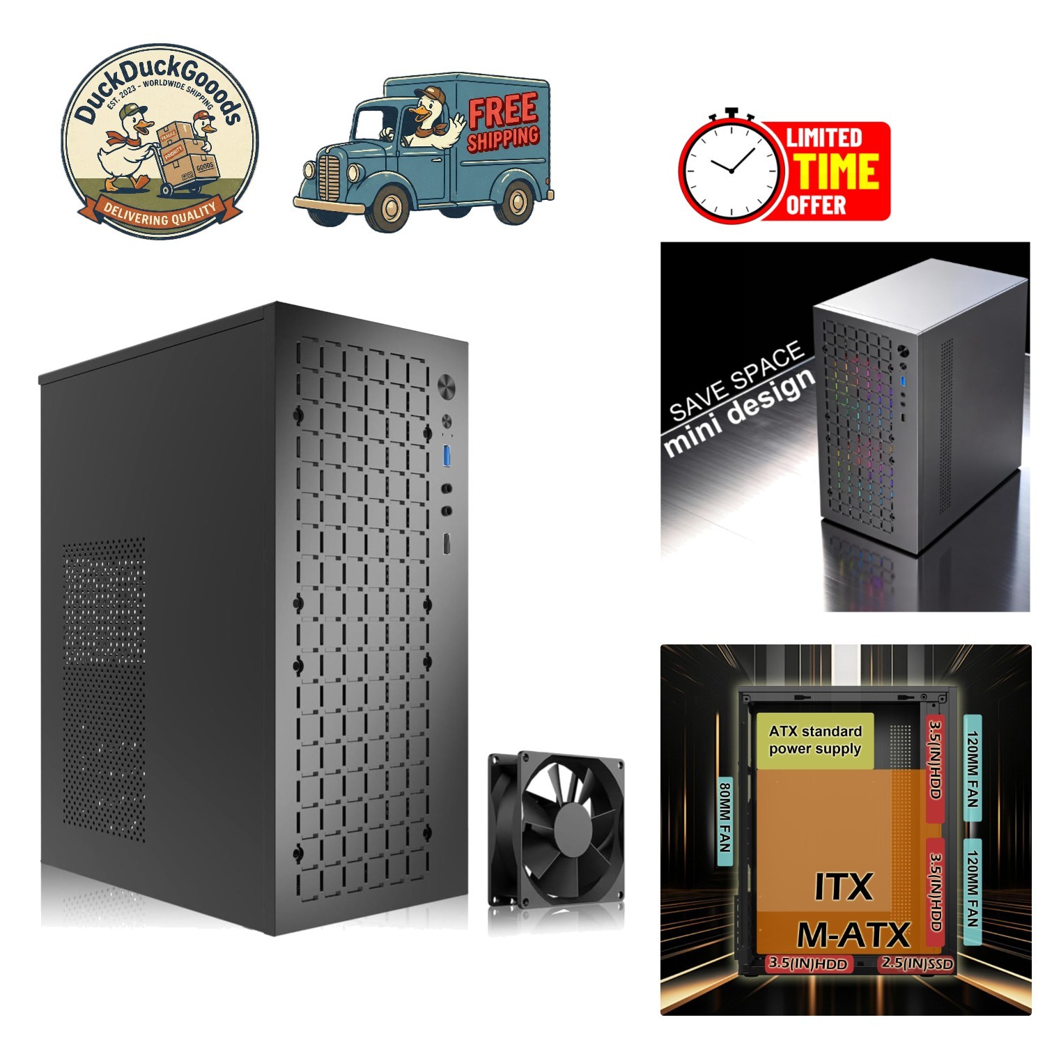 Sleek Black Micro ATX PC Case with 80MM Fans & Effective Cooling - 10.43"x6.3"