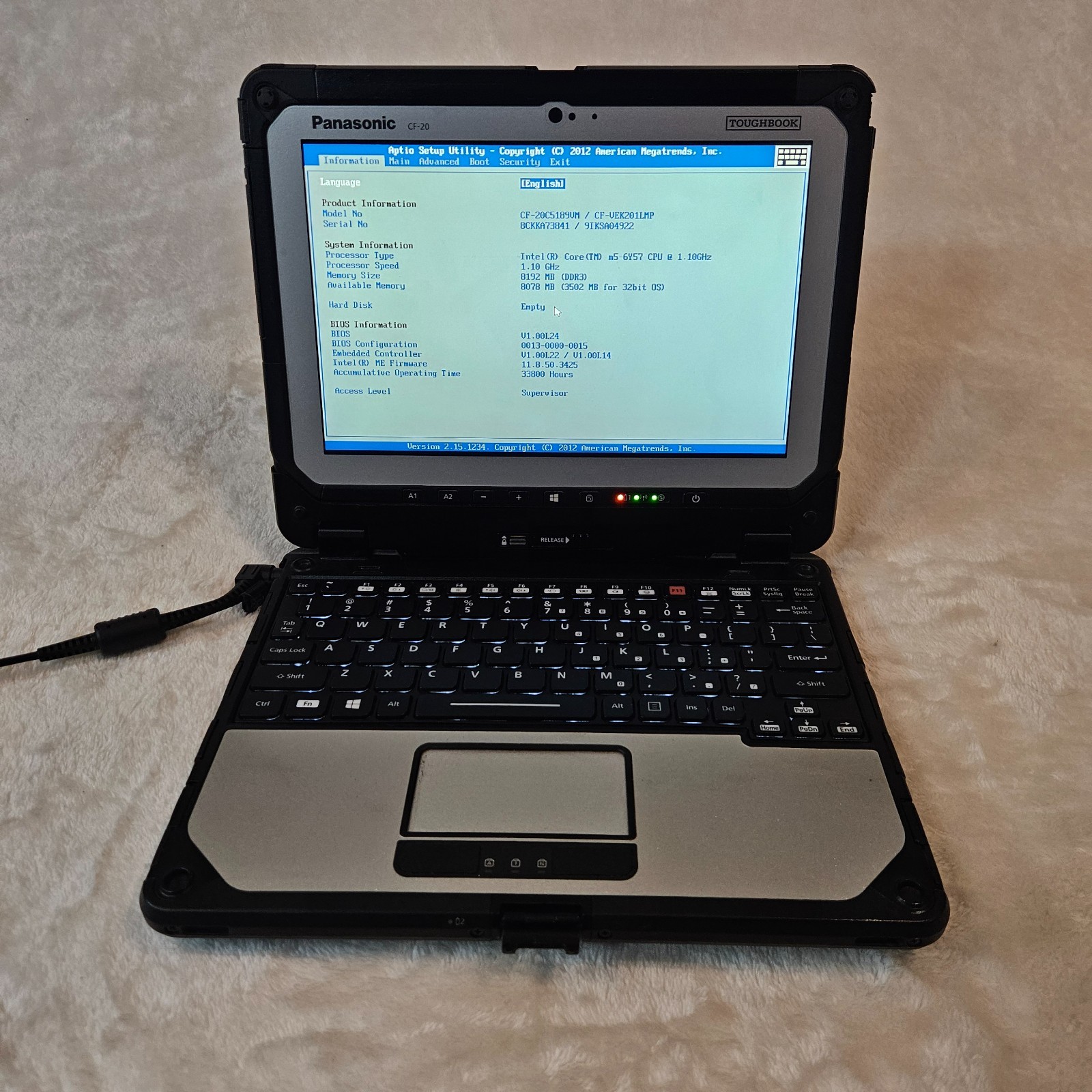 Panasonic Toughbook CF-20 10.1" Touchscreen Core m5-6Y57 8GB RAM No SSD