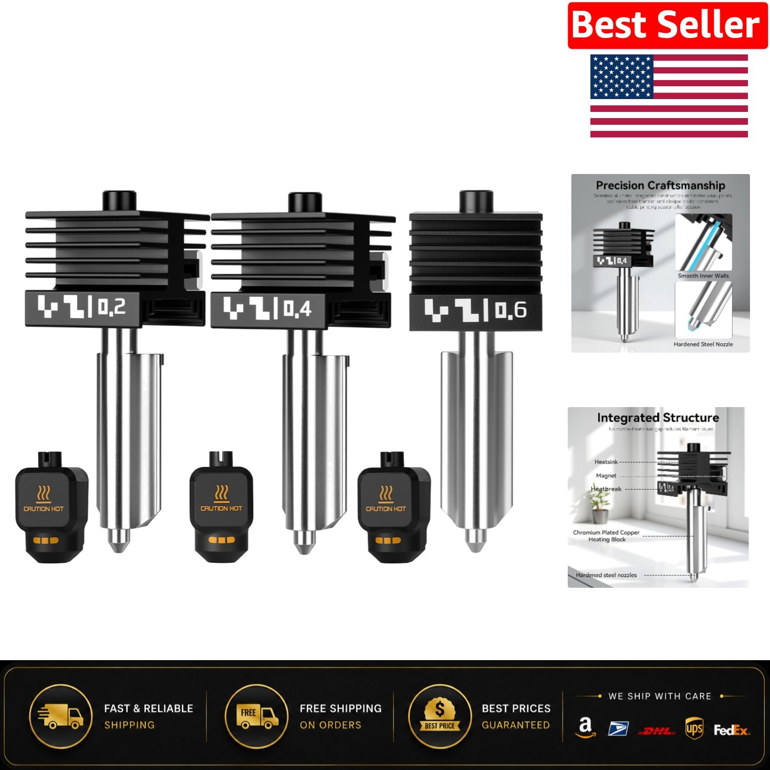 3PCS Steel Nozzle Set for Bambu Lab Printers - 0.2mm, 0.4mm, 0.6mm Sizes