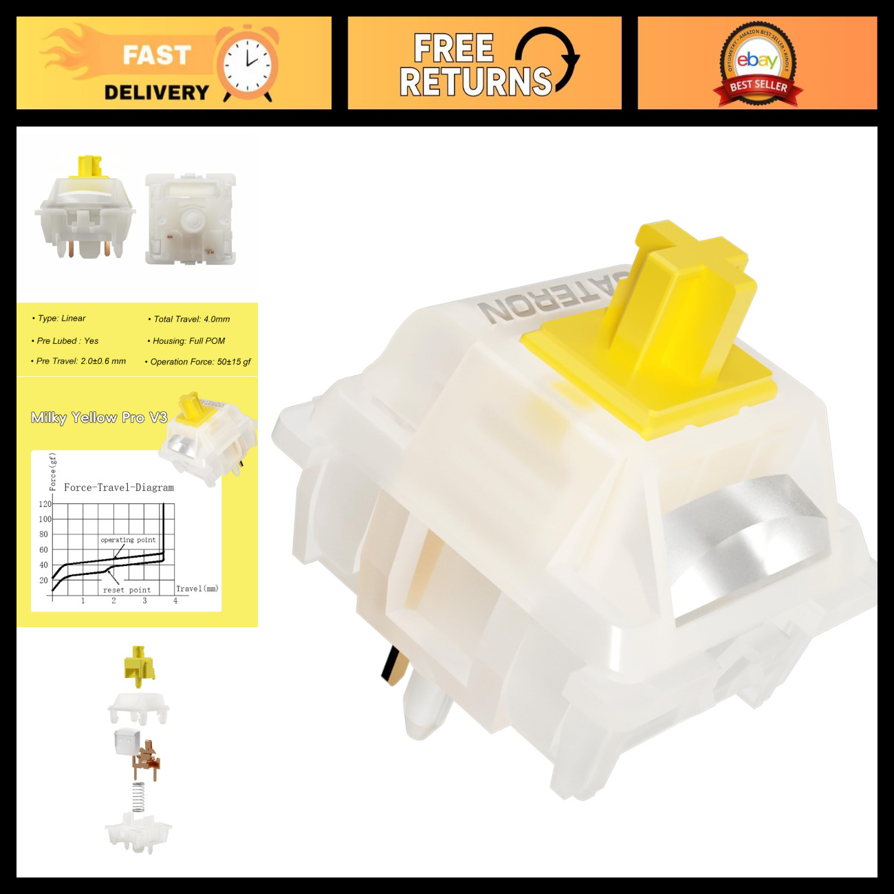 90PCS Pre-Lubed Milky Yellow Linear Keyboard Switches - 5 Pin for MX Mechanical