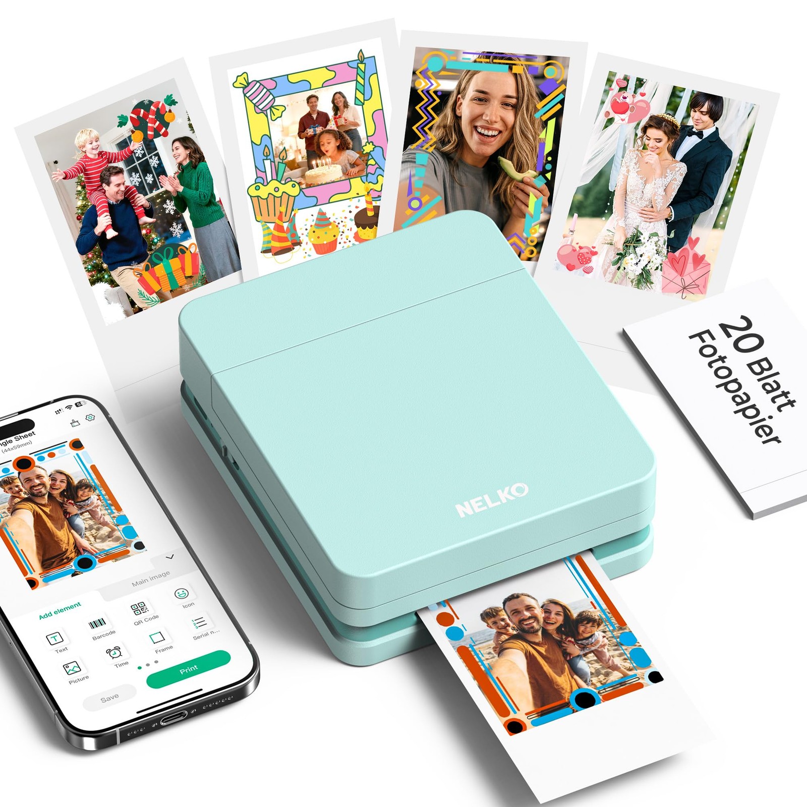 Nelko Photo Printer, 2x3 Portable Wireless Smartphone 107x128x43mm, Green