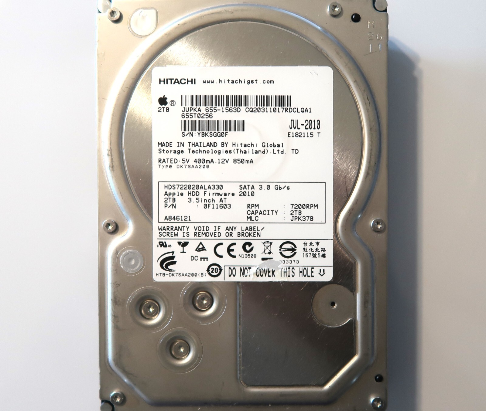 Hitachi HDS722020ALA330 0F11603 JPK37B Thailand 3.5" 2.0TB Sata 655-1563D 2010