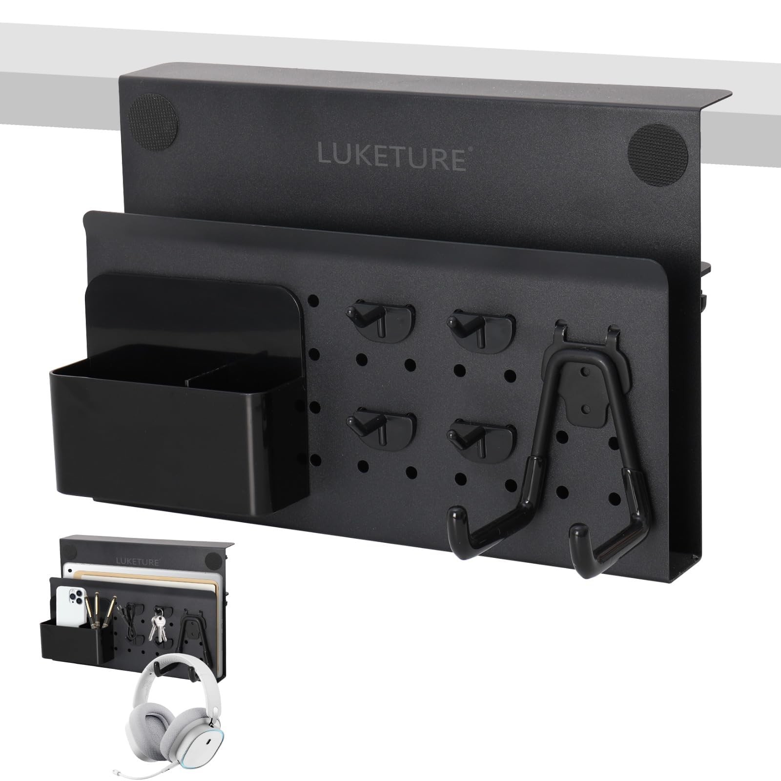 LUKETURE Desk Side Storage, No Drill Laptop Mount, Steel Black