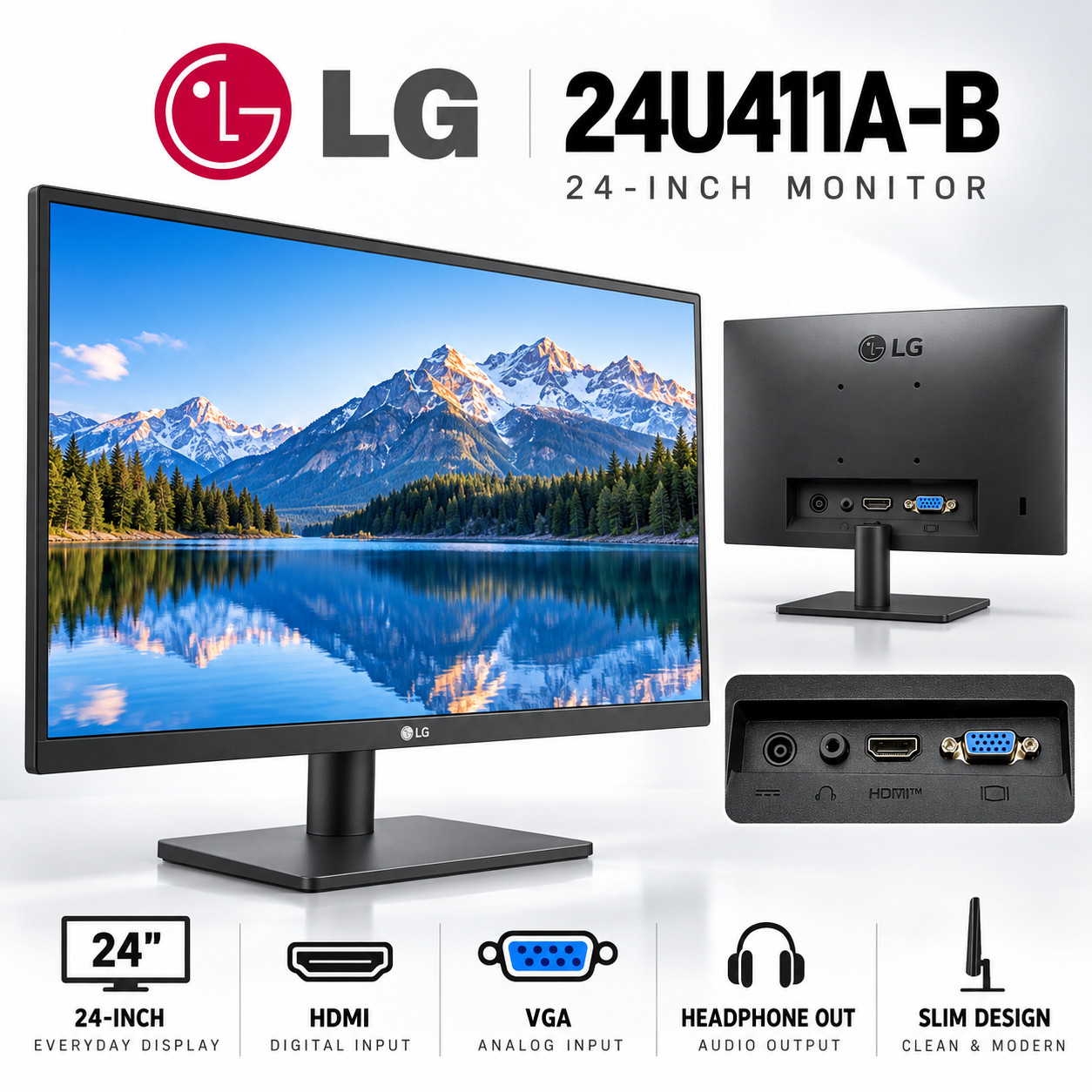 LG 24U411A-BN 24" Full HD Monitor HDMI VGA Headphone Out Black
