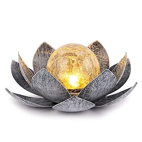  Solar Lights Outdoor Garden, Crackle Globe Glass Lotus Decor, Waterproof Black