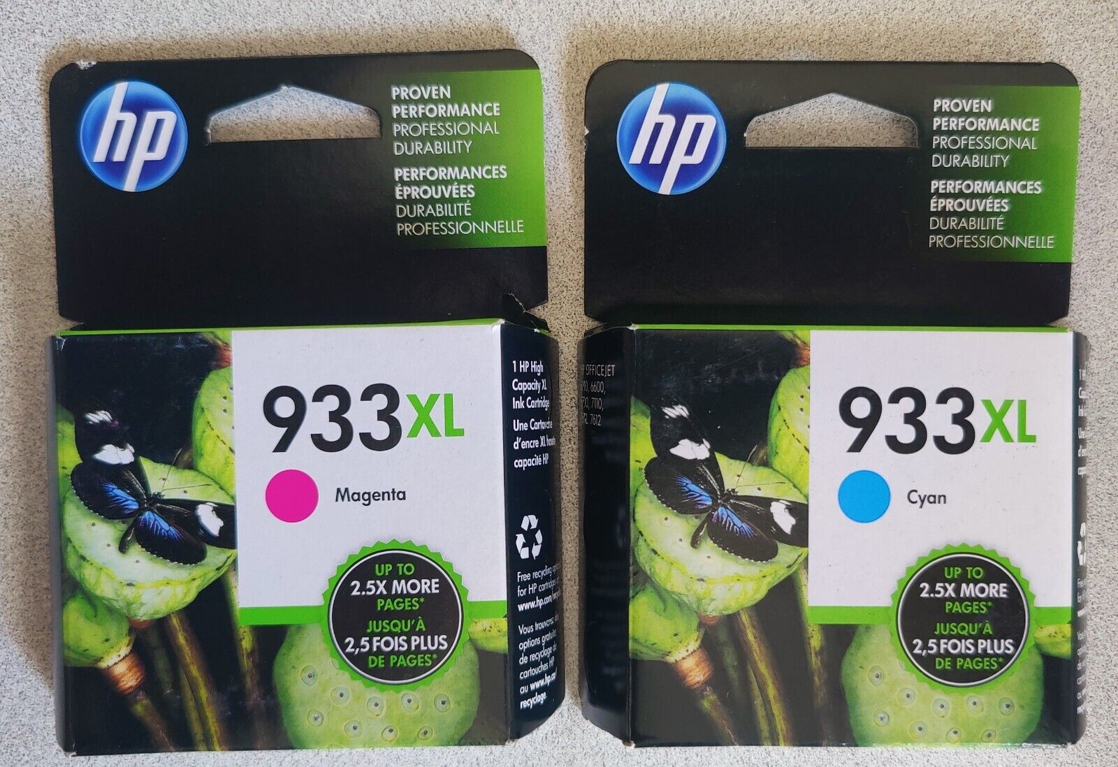 Set 2 New Genuine Factory Sealed HP 933XL Ink Cartridges CM Cyan/Mgnt 2017, 2018