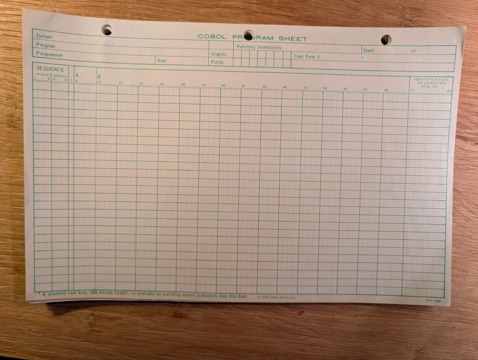 ONE (1) IBM Cobol Coding Form Program Sheet 1970's Form R 10-035