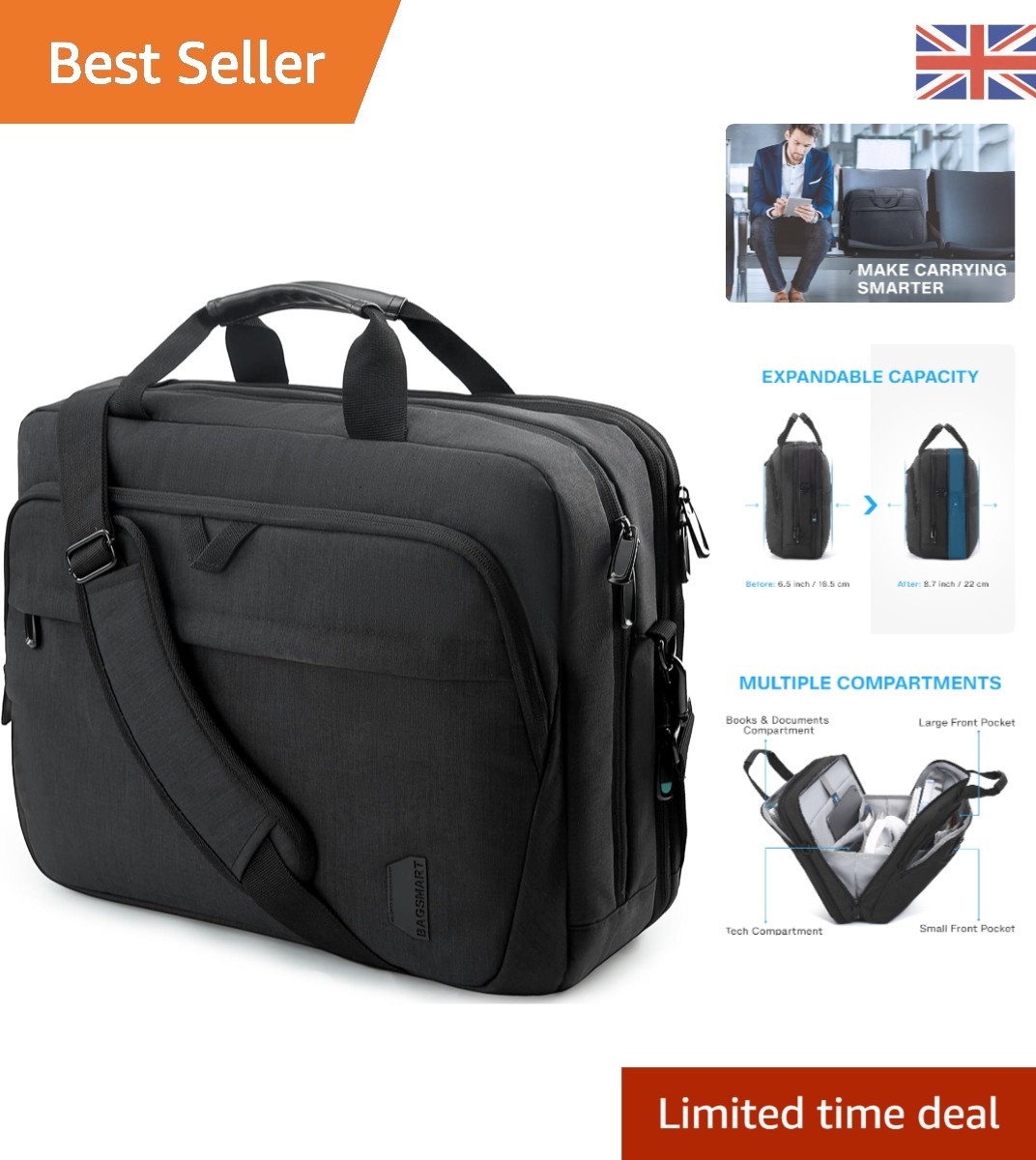 Expandable 17.3 Inch Laptop Bag - Elegant Black Briefcase with 4 Compartments
