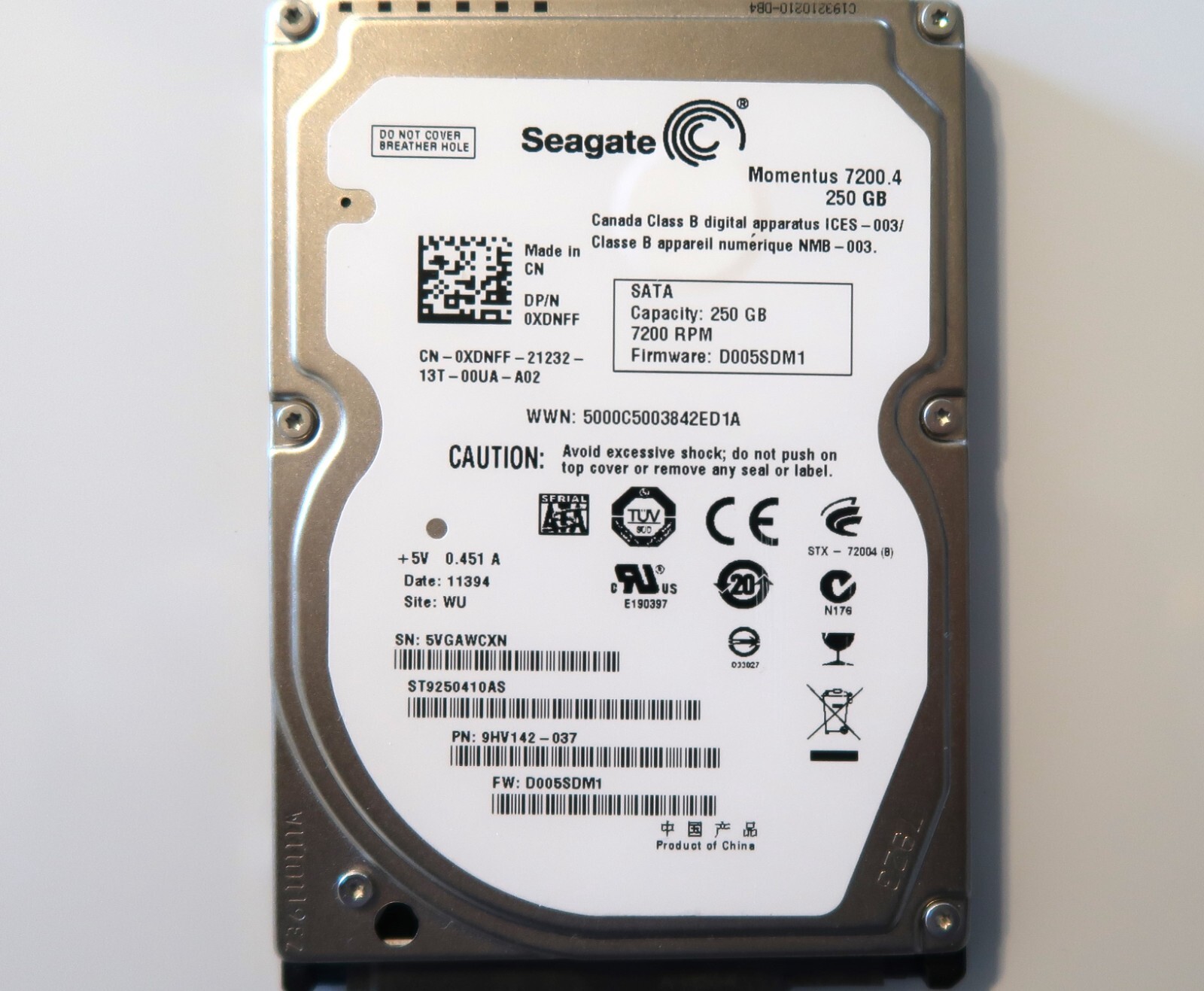 Seagate ST9250410AS 9HV142-037 D005SDM1 (5VG) WU China 2.5" 250gb Sata HDD 2011