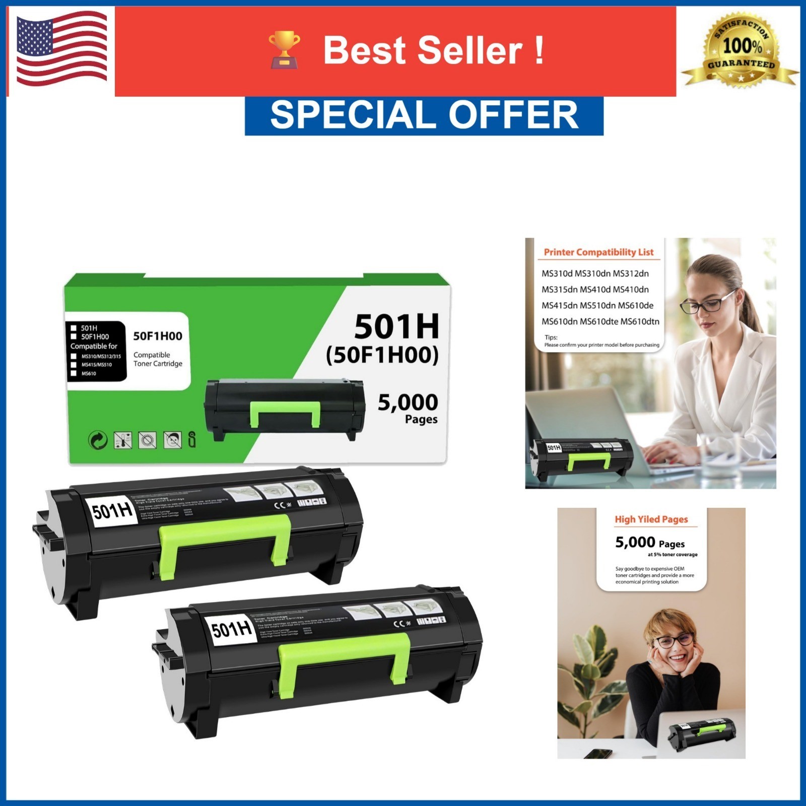 50F1H00 501H Toner Cartridge for Lexmark MS310dn MS410dn MS510dn 2 Pack