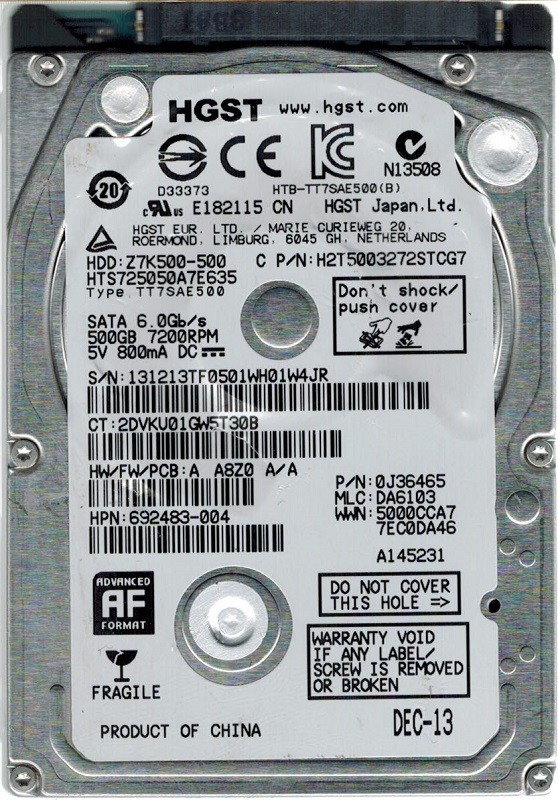 Hitachi HTS725050A7E635 P/N: 0J36465 MLC: DA6103 500GB