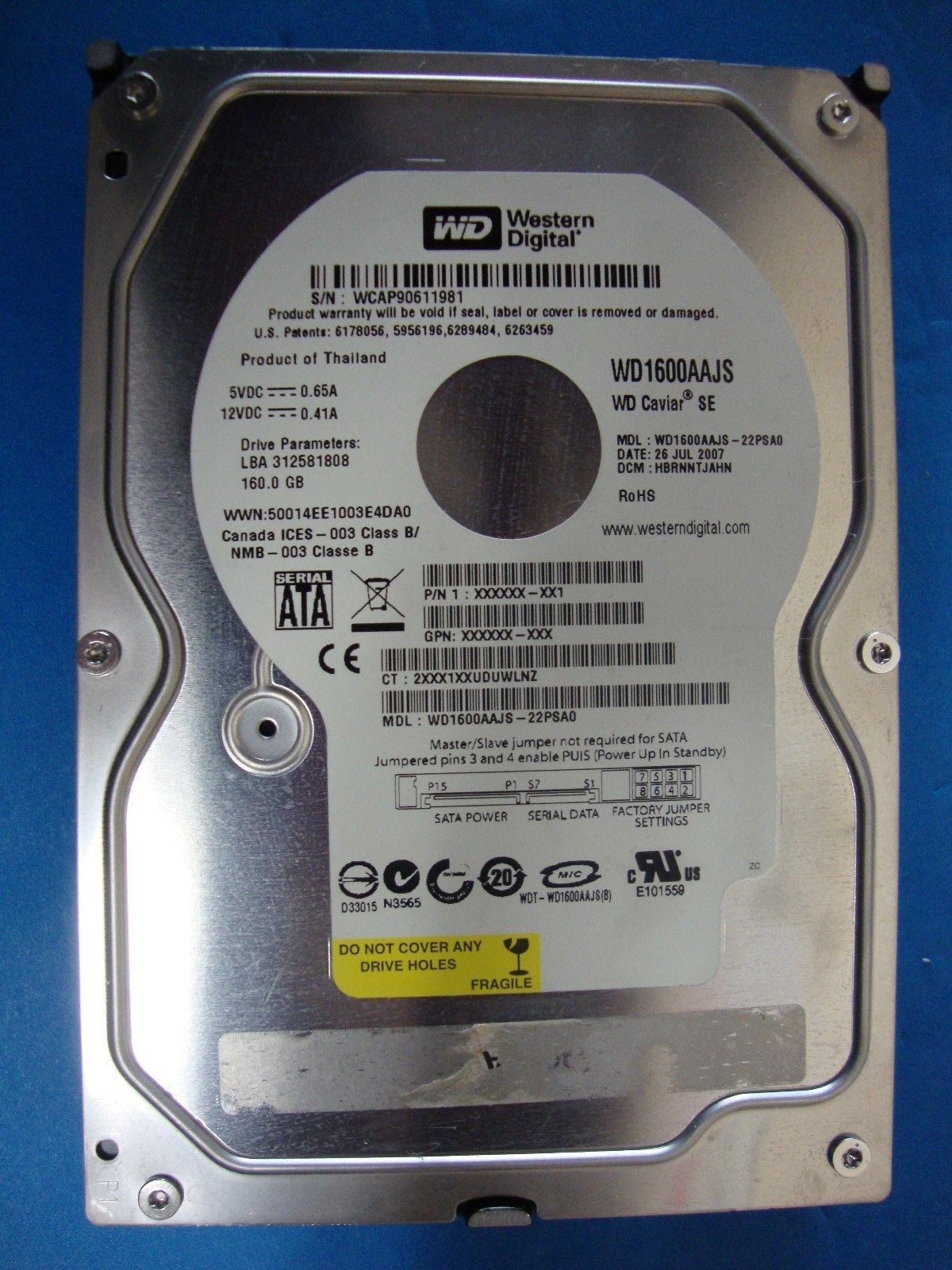 Western Digital WD1600AAJS-22PSA0 DCM:HBRNNTJAHN Sata 160GB Hard Drive Tested